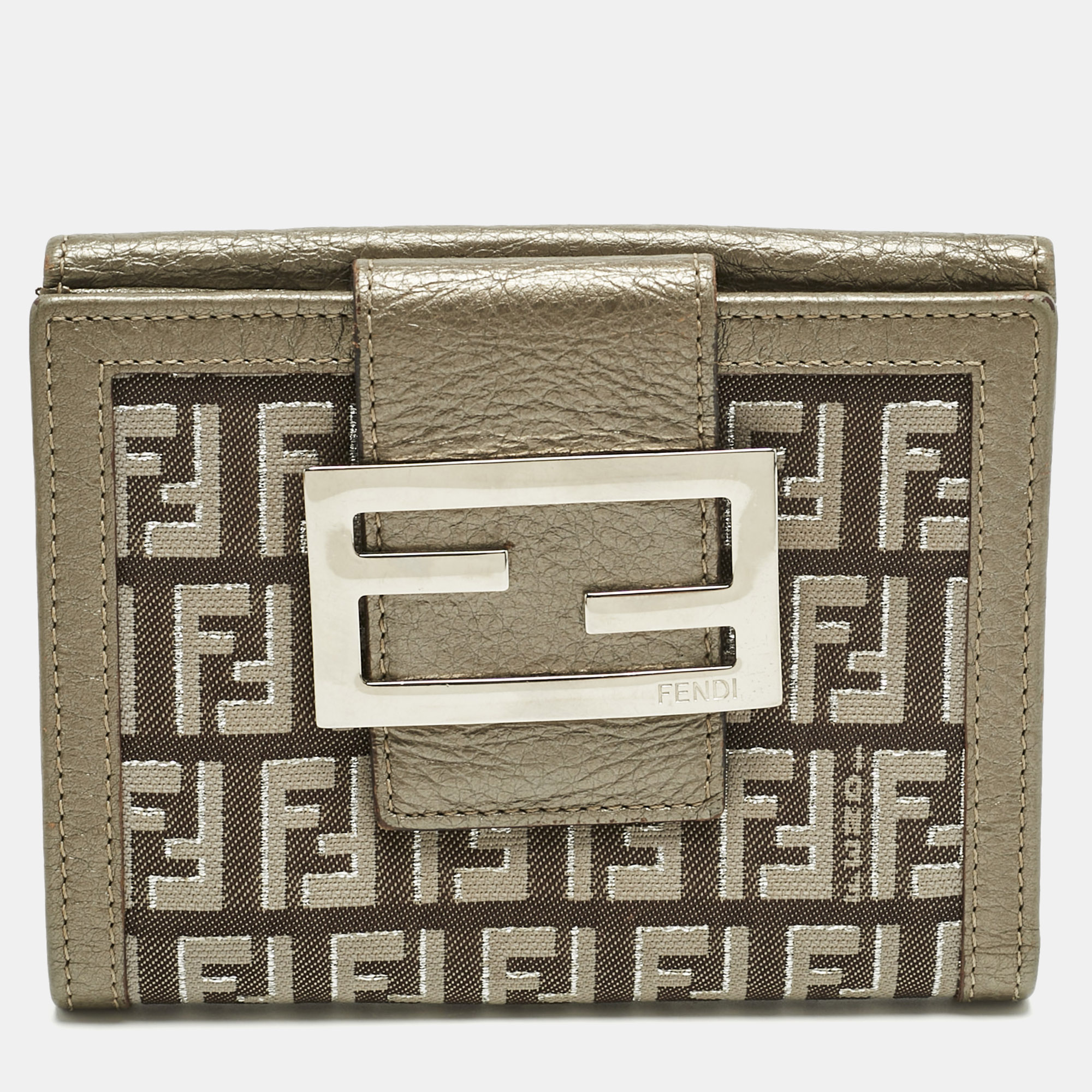 Pre-owned Fendi Metallic Zucca Fabric And Leather French Flap Compact Wallet In Silver