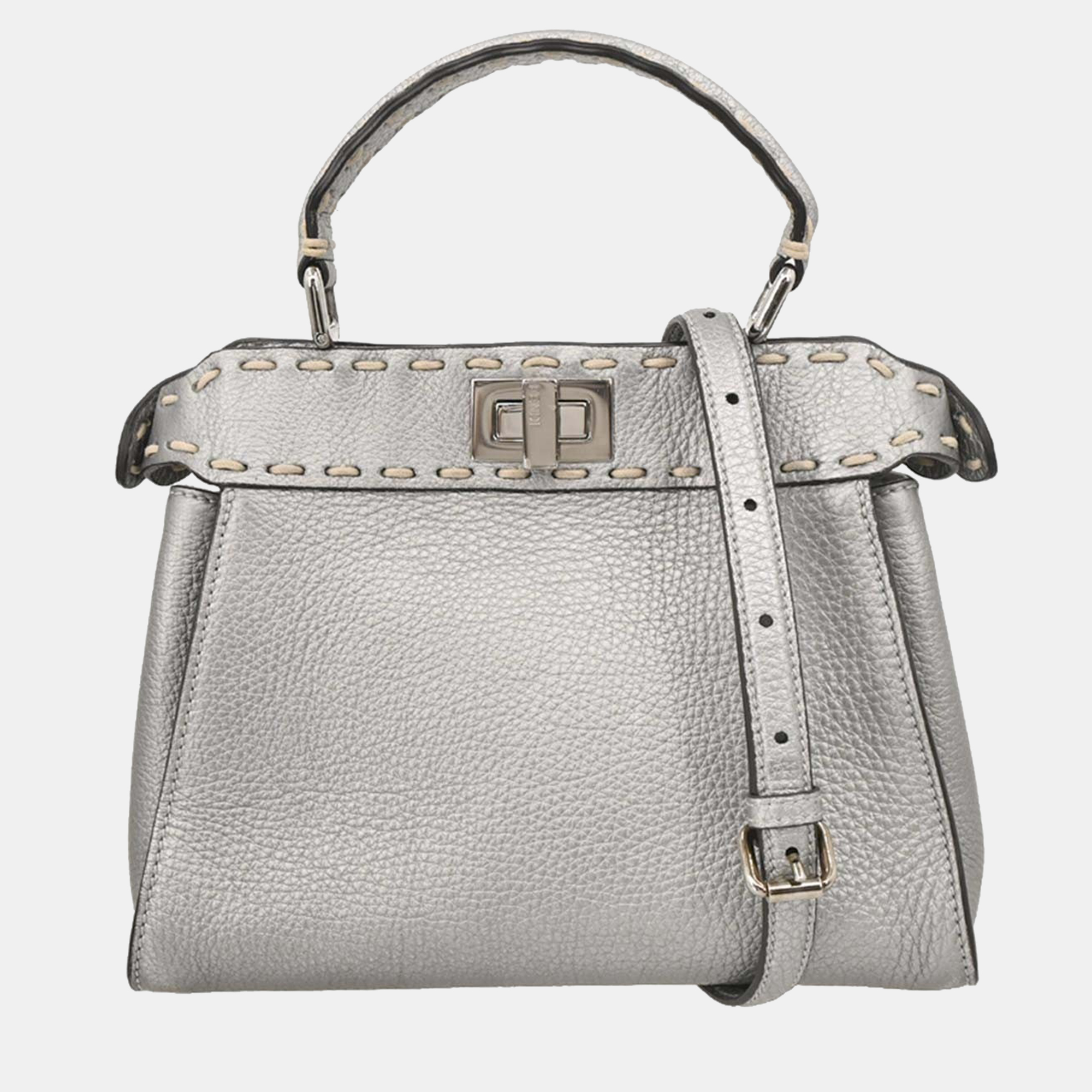 

Fendi Metallic Silver Leather Peekaboo 2way Handbag