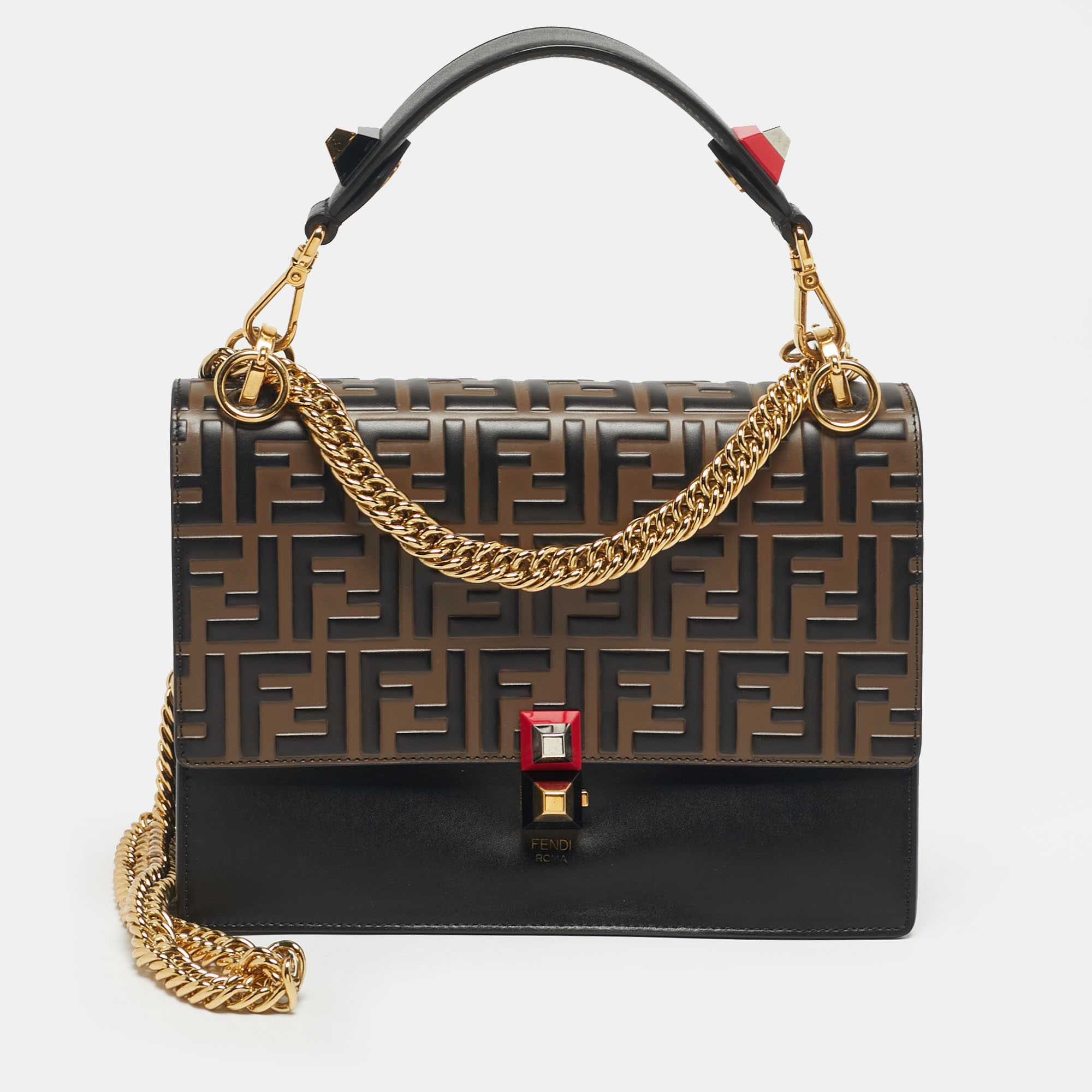 

Fendi Black/Brown Zucca Embossed Leather Medium Kan I Shoulder Bag