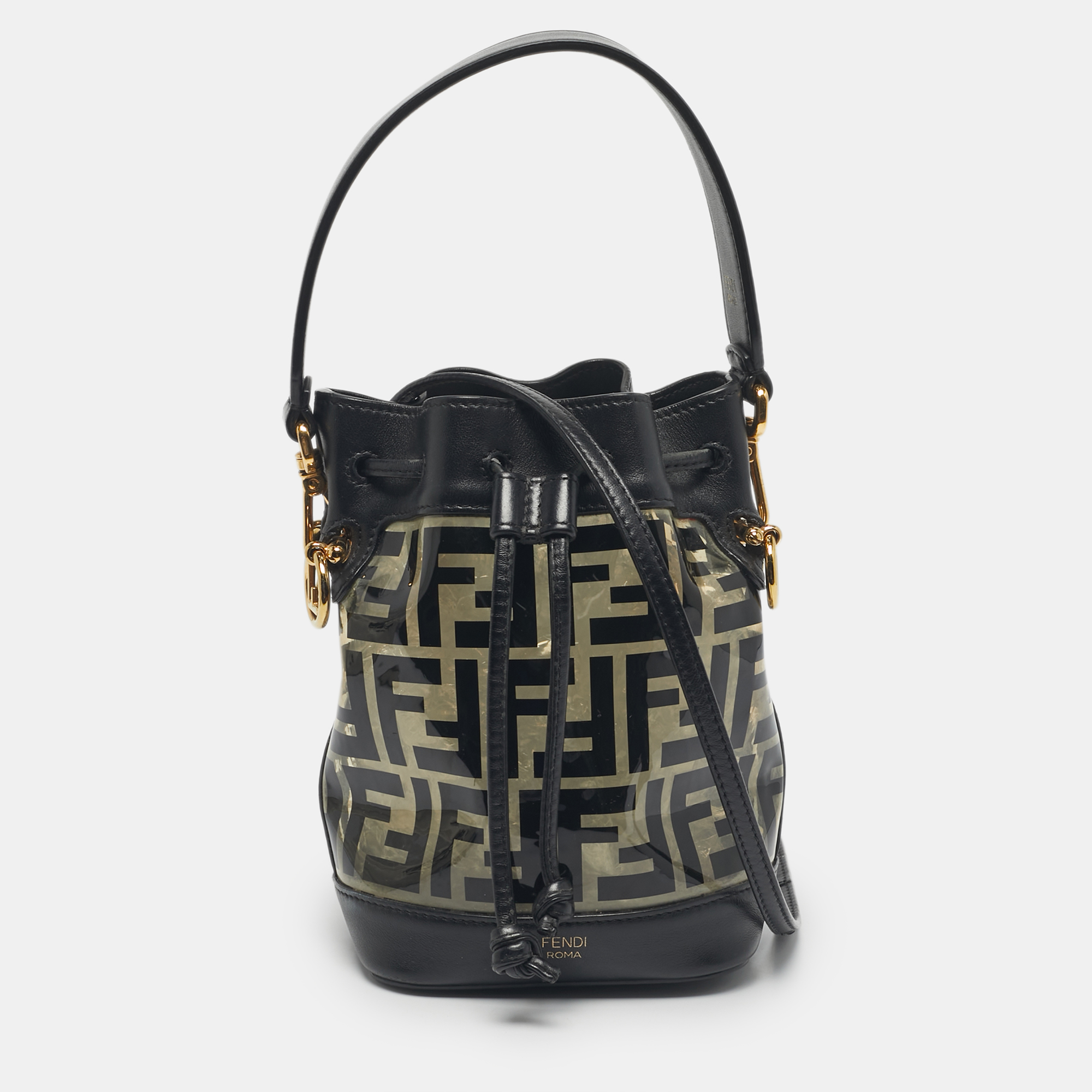 Pre-owned Fendi Black/clear Ff Pvc And Leather Mini Mon Tresor Drawstring Bucket Bag