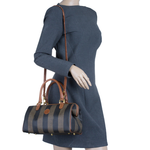 FENDI Brown Striped Pequin Canvas Vintage Boston Bag - ShopperBoard