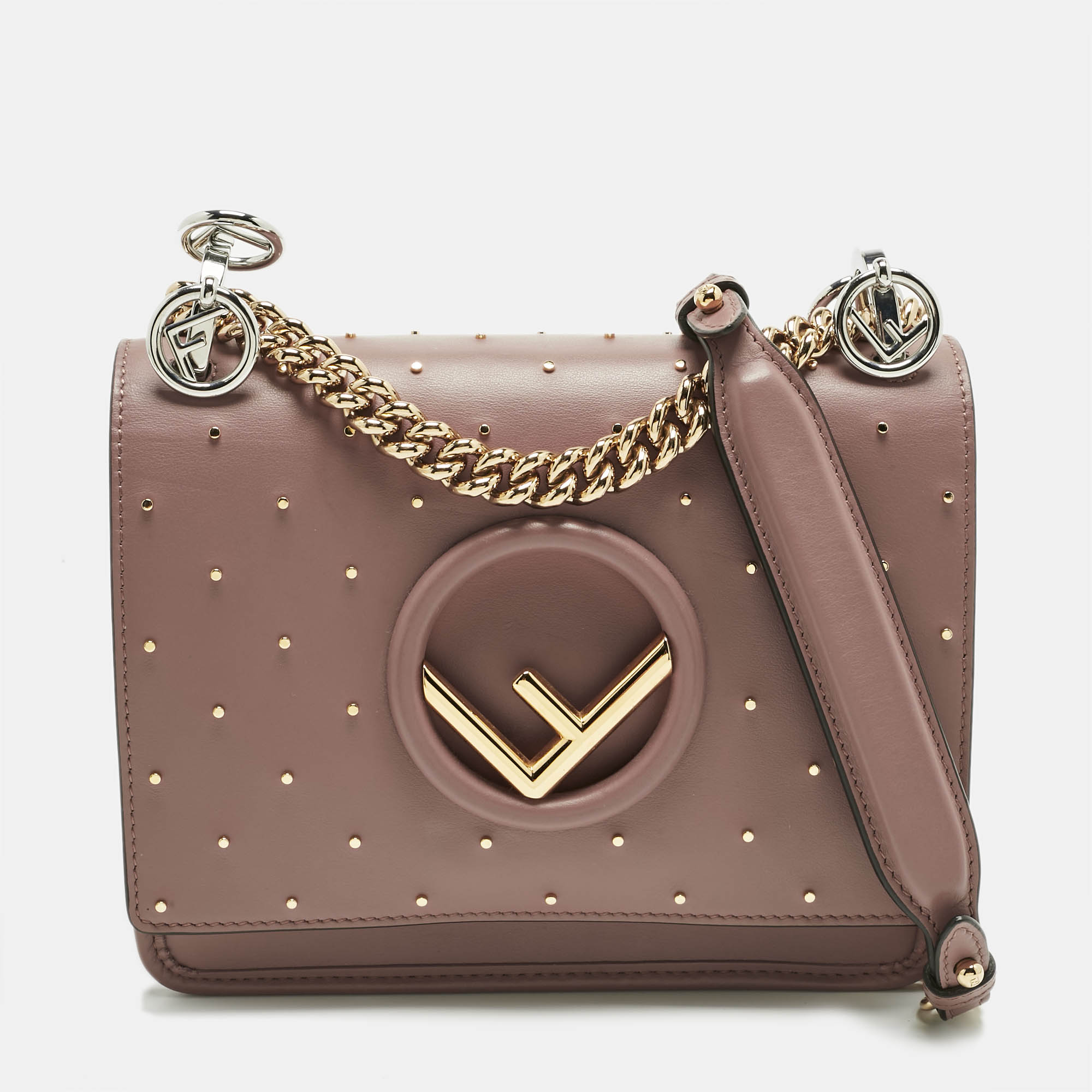 

Fendi Old Rose Leather Small Studded Kan I F Shoulder Bag, Pink