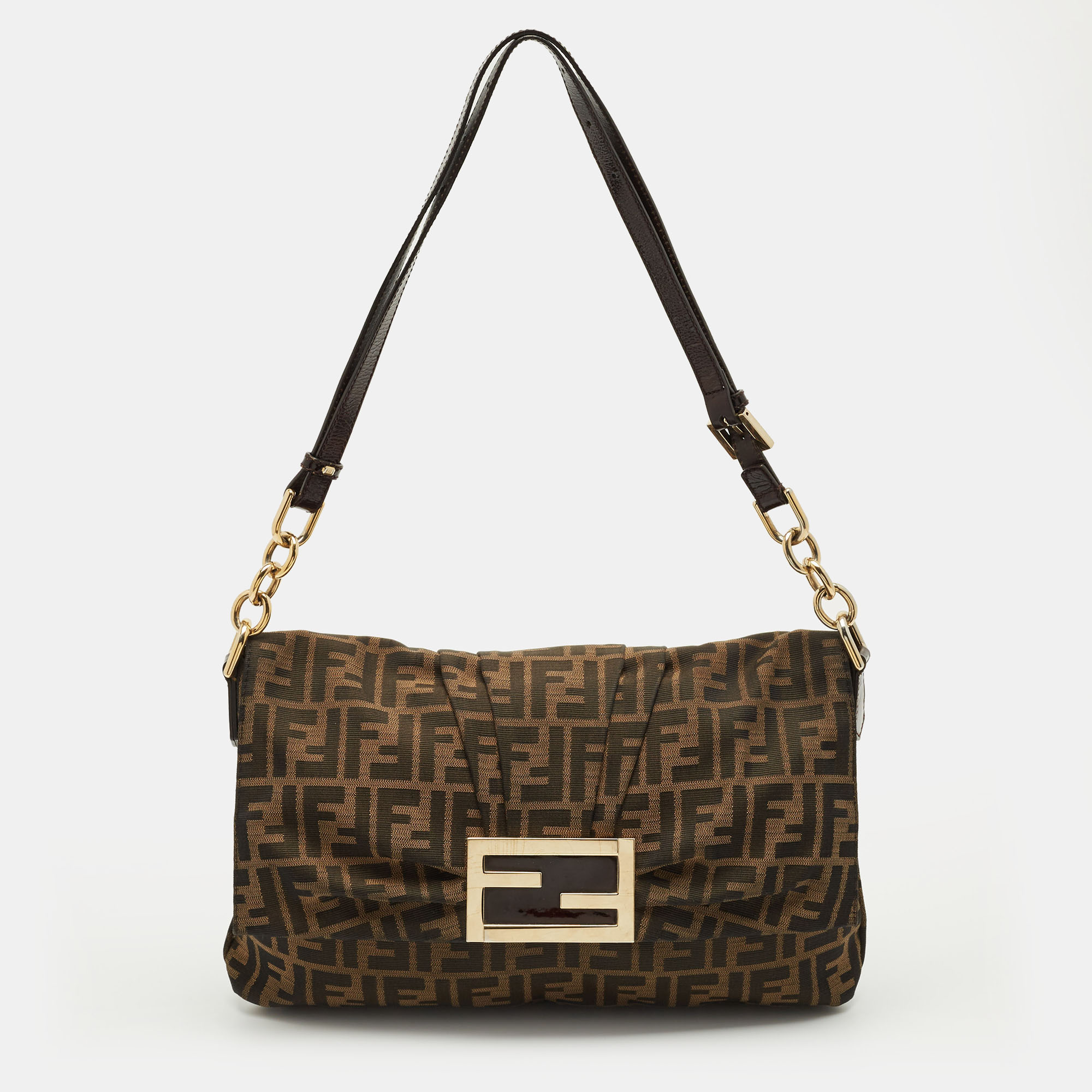 

Fendi Tobacco Zucca Canvas and Patent Leather Mia Flap Shoulder Bag, Brown