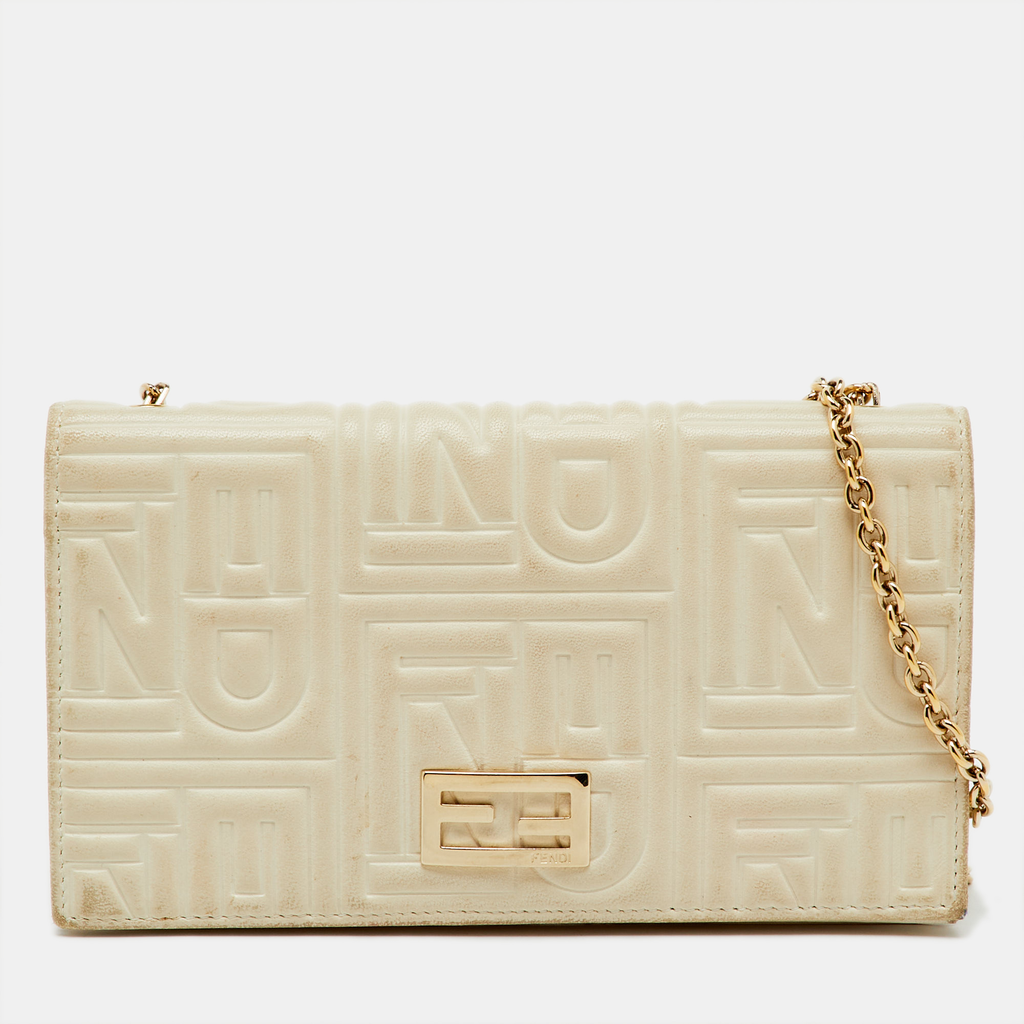 

Fendi White Embossed Leather Chain Clutch Bag