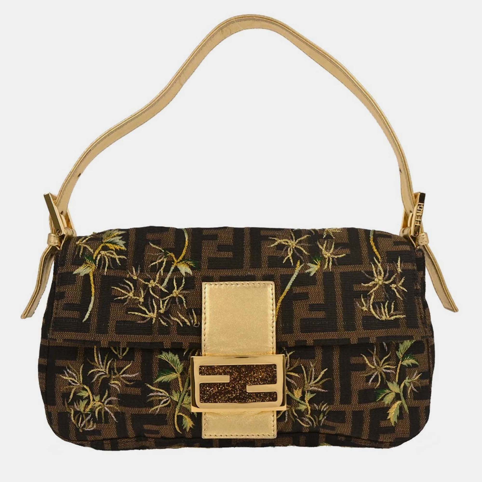 

Fendi Gold Embroidered Zucca Baguette Handbag, Brown