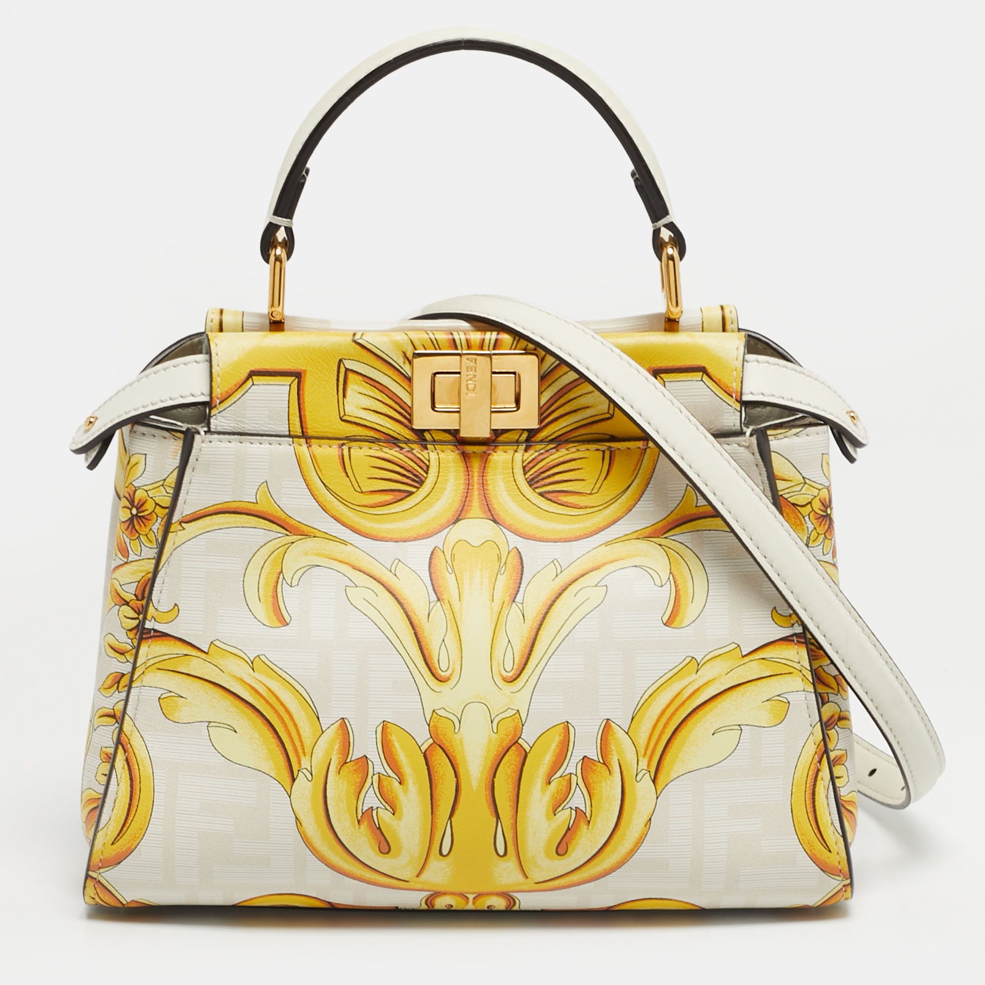 

Fendi x Versace Yellow/White Zucca Baroque Print Leather Mini Fendace Peekaboo Top Handle Bag