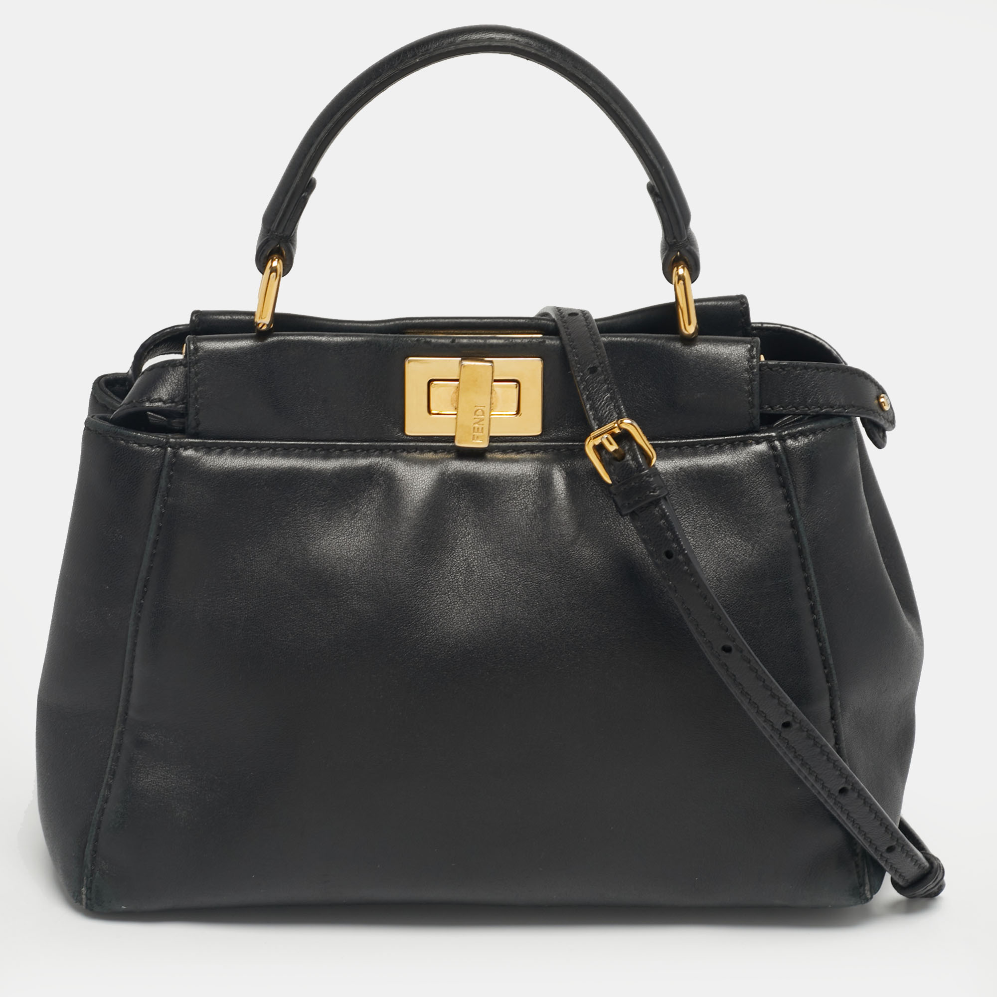 Fendi Black Leather Mini Peekaboo Top Handle Bag