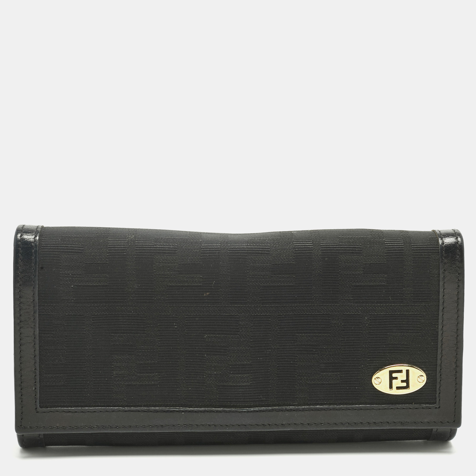 FENDI Pre-owned Black Zucca Fabric And Leather Logo Trifold Continental Wallet