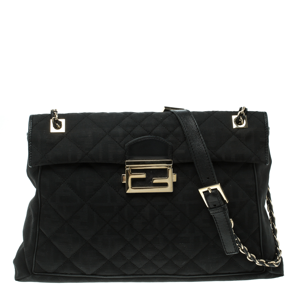 Fendi Black Quilted Fabric Maxi Baguette Shoulder Bag