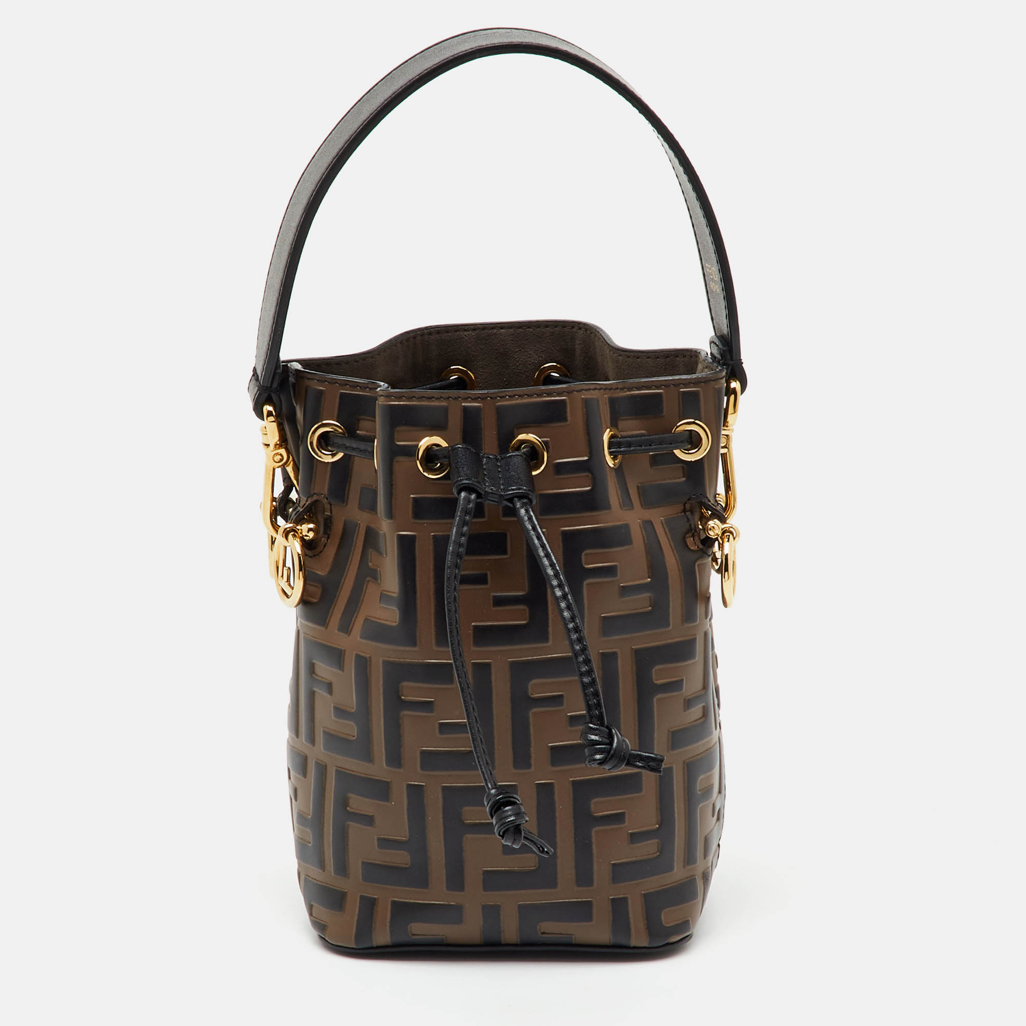 

Fendi Brown/Black Zucca Leather Mini Mon Tresor Drawstring Bucket Bag