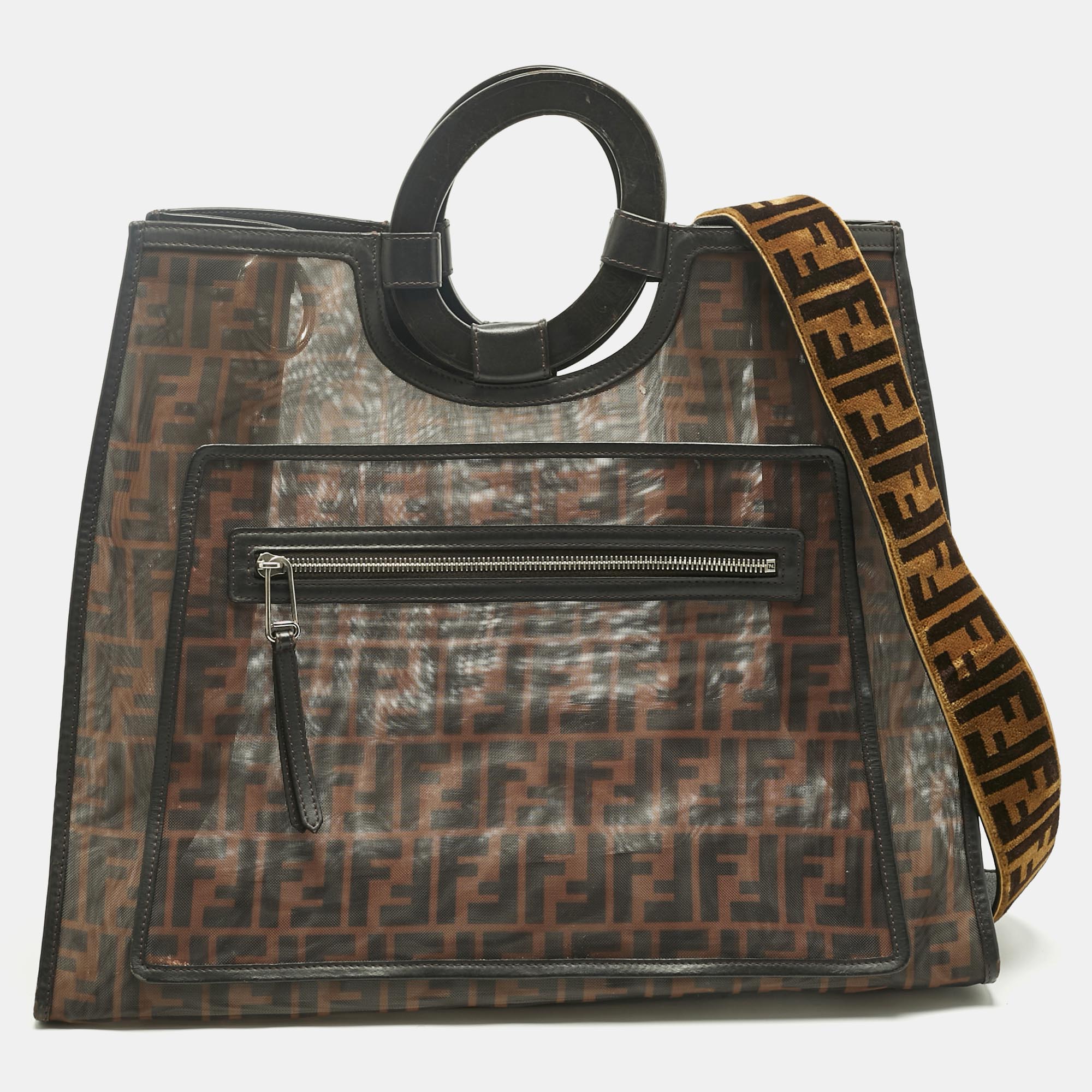 Pre-owned Fendi Tobacco/black Ff Mesh And Leather Large Runaway Shopper Tote In Brown