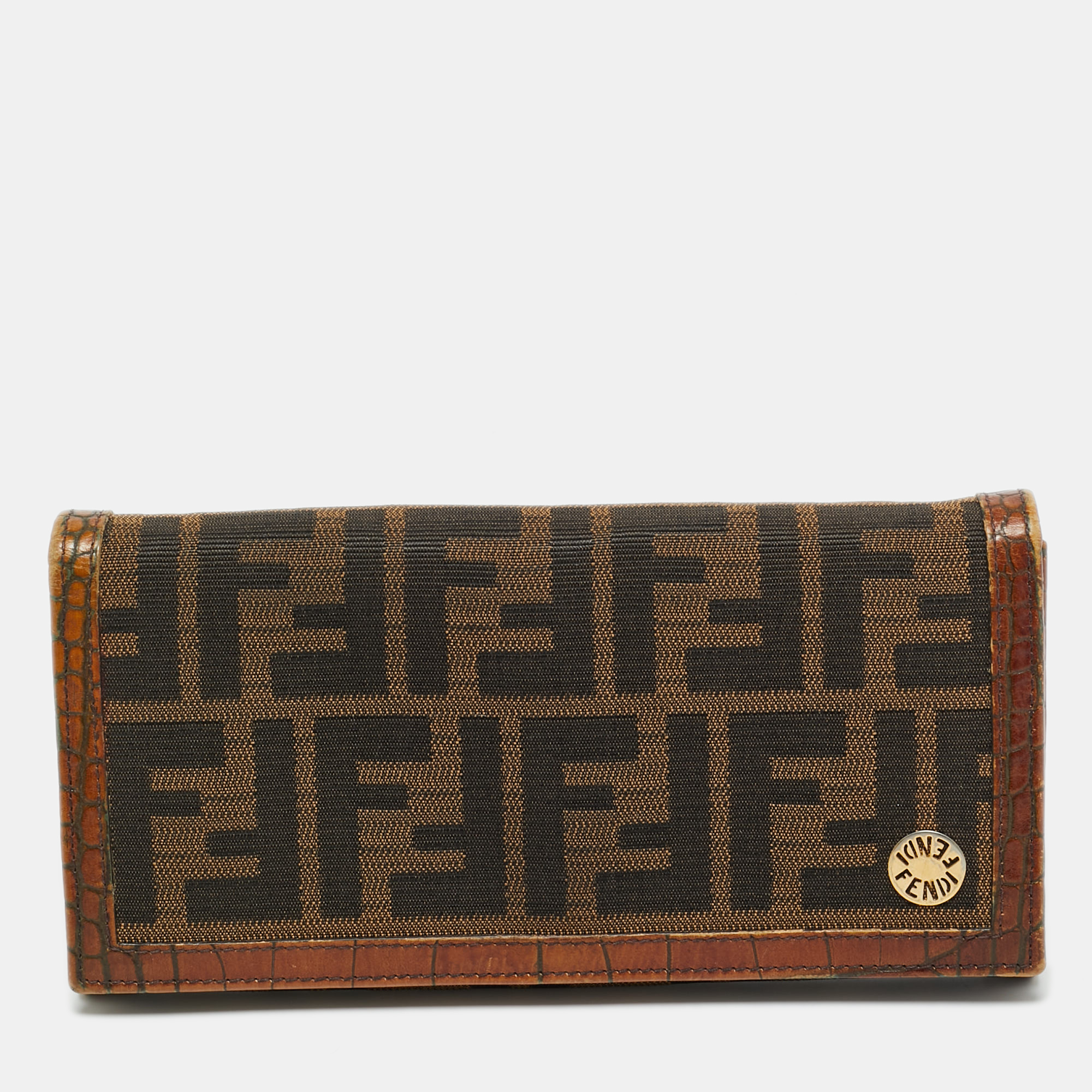 Pre-owned Fendi Tobacco Zucca Canvas And Croc Embossed Leather Flap Continental Wallet In Brown