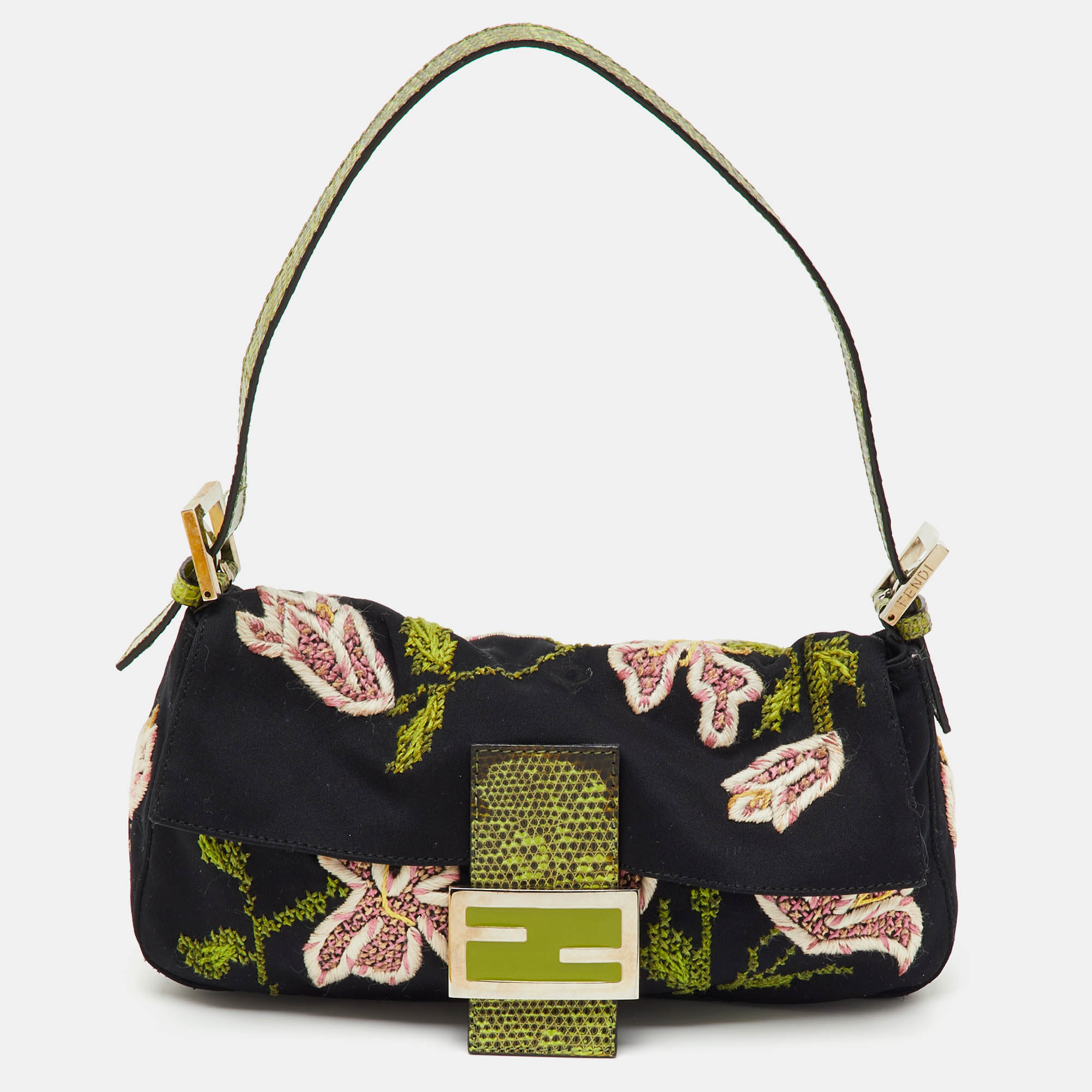 

Fendi Black/Green Floral Embroidered Canvas and Lizard Trim Mama Baguette Bag