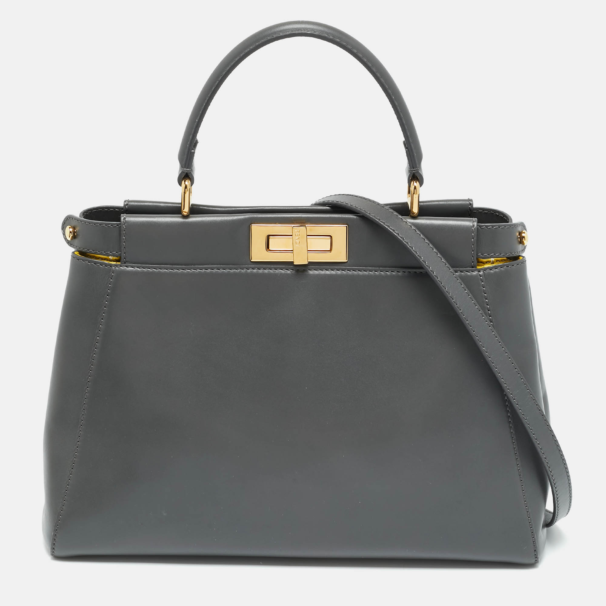 Click to view more detailed imagery on our partner's website Pre-owned Fendi Dark Grey Leather Medium Peekaboo Top Handle Bag In Gray