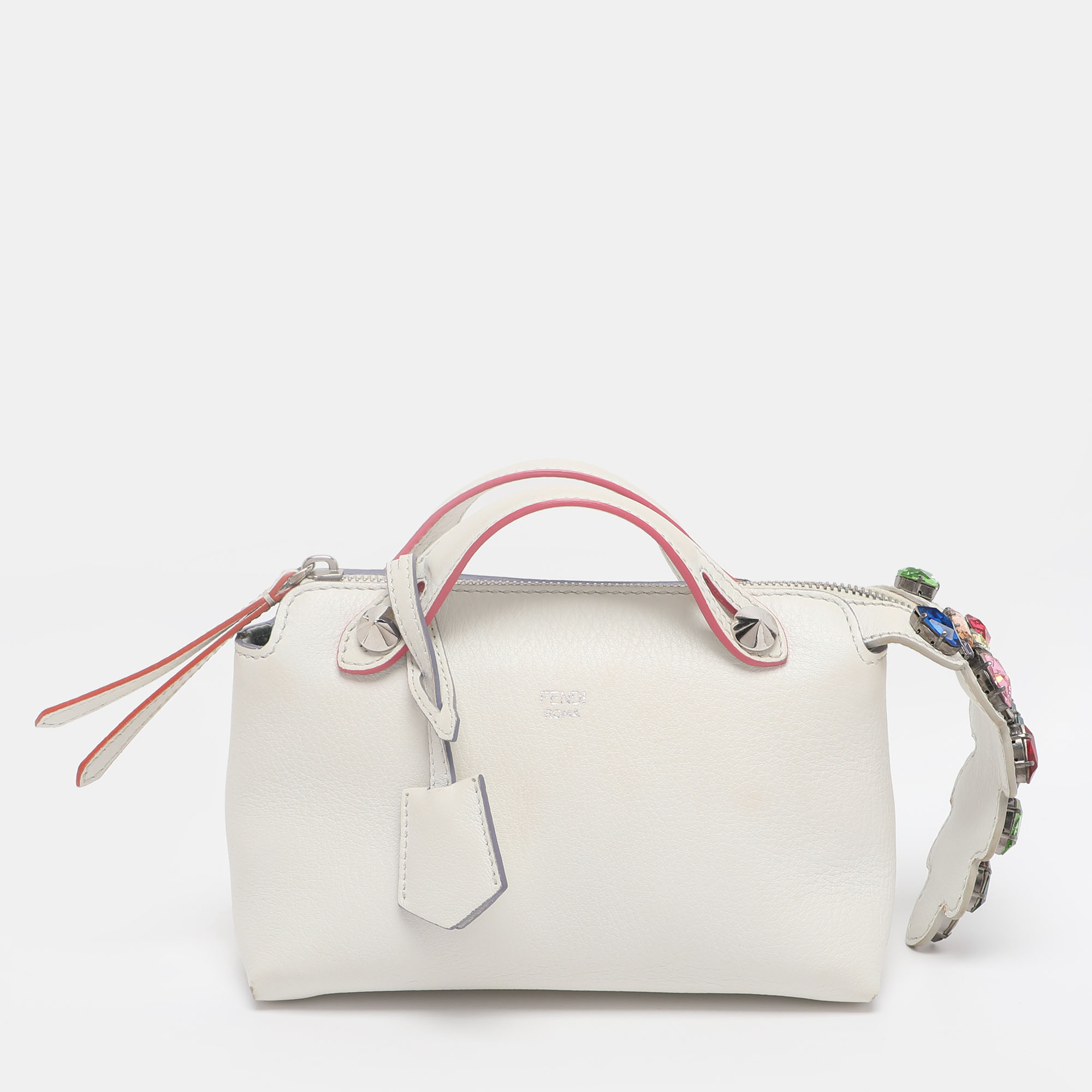 

Fendi White Leather Mini By The Way Embellished Crossbody Bag