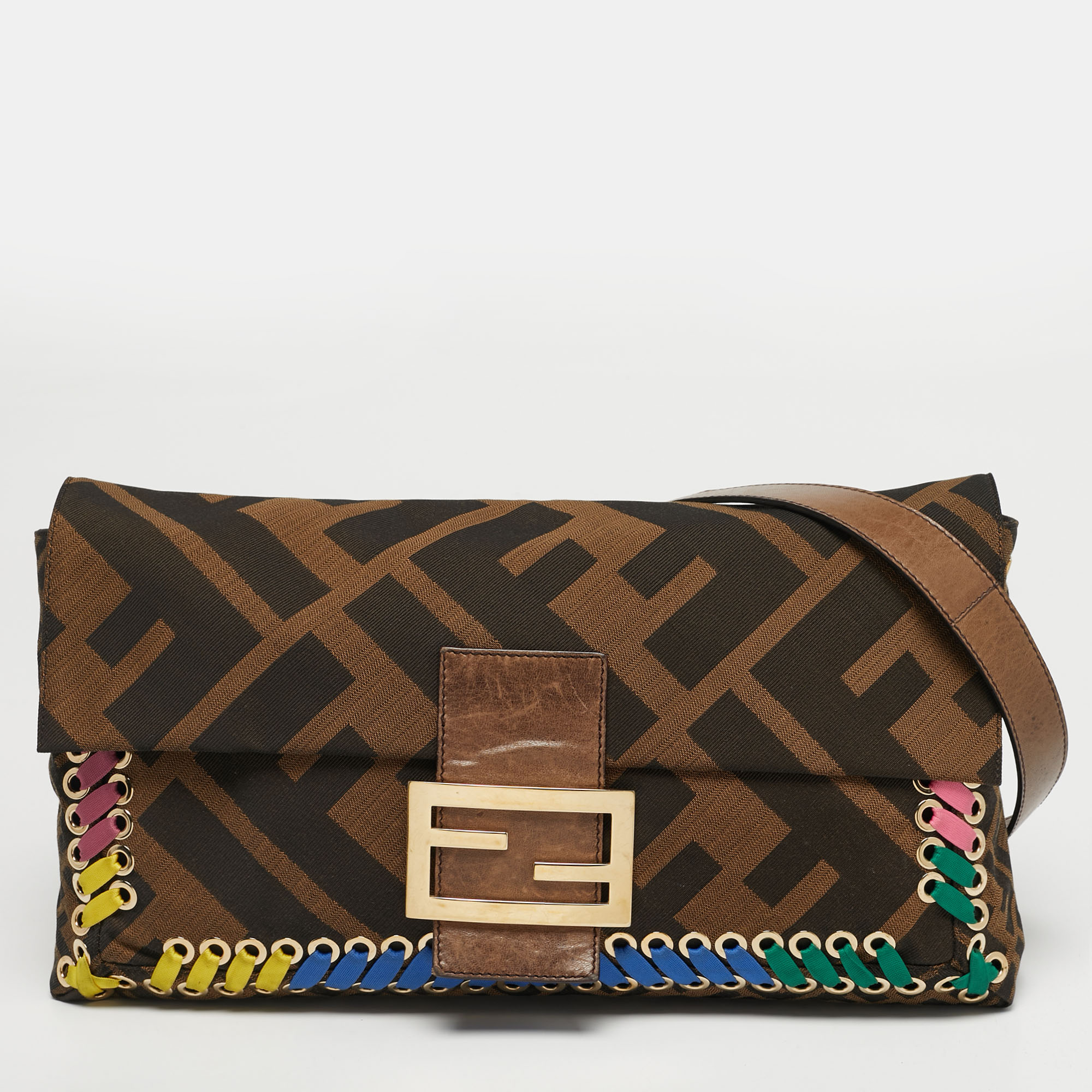 

Fendi Brown Giant Zucca Canvas  Whipstitch Convertible Baguette Bag