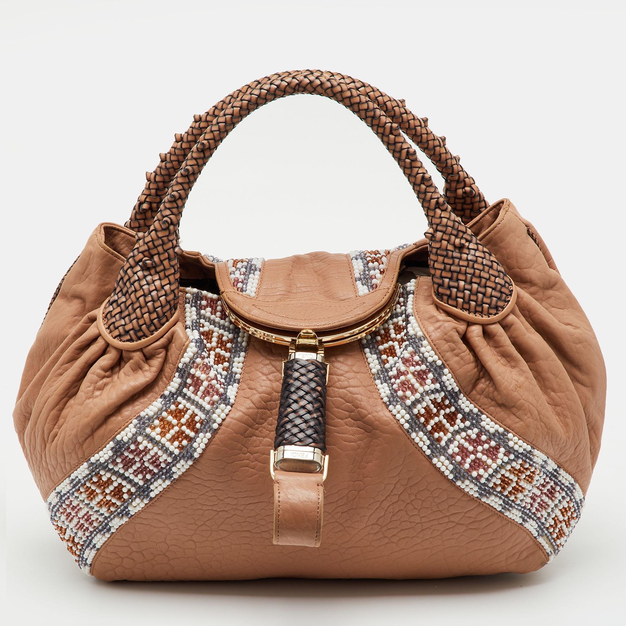 

Fendi Beige Leather Beaded Spy Hobo, Brown