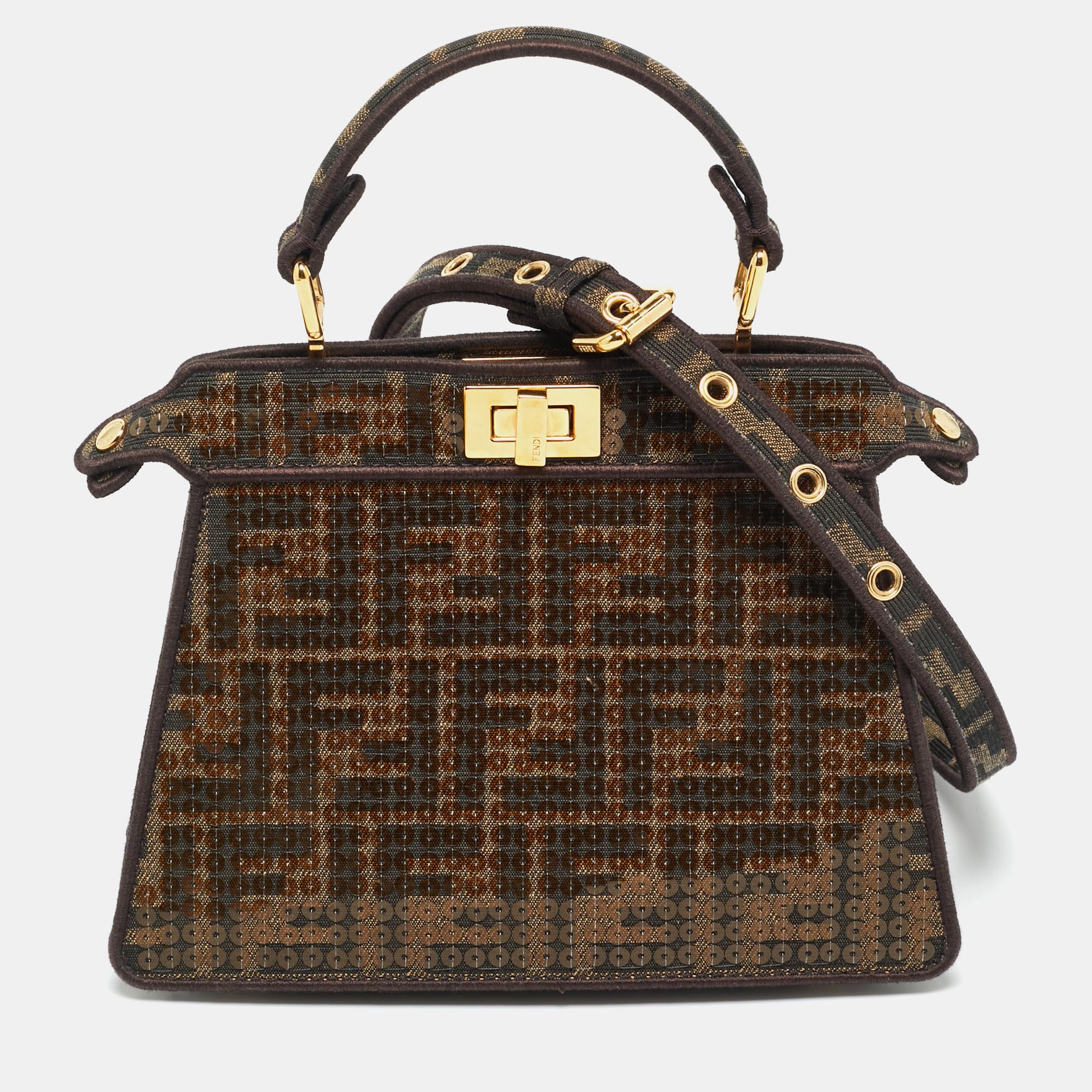 

Fendi Tobacco Zucca Canvas and Sequins Petite Peekaboo ISeeU Top Handle Bag, Brown