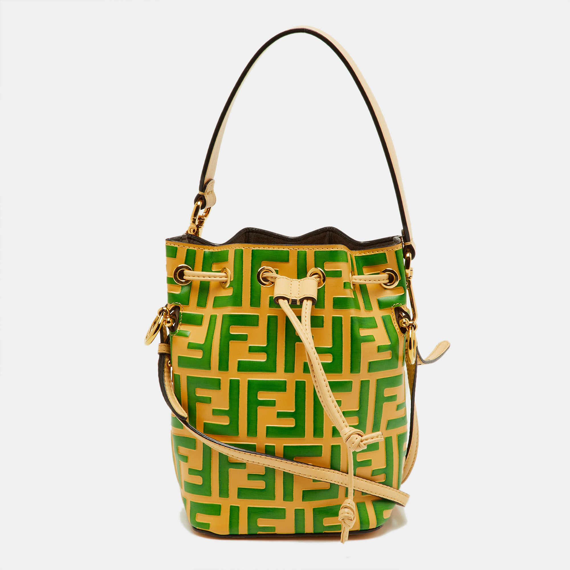 

Fendi Cream/Green Zucca Embossed Leather Mini Mon Tresor Bucket Bag, Yellow