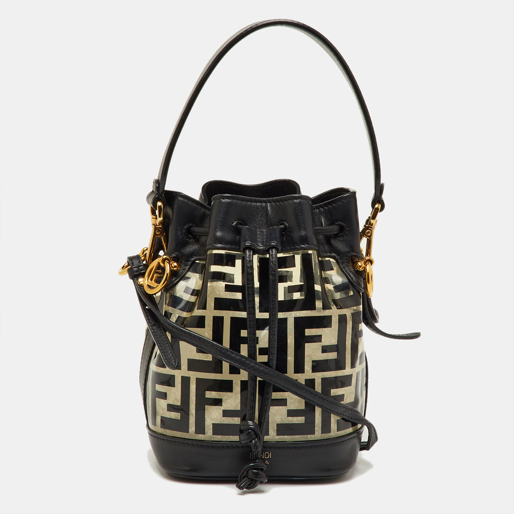 Click to view more detailed imagery on our partner's website Pre-owned Fendi Black Zucca Print Pvc And Leather Mini Mon Tresor Bucket Bag