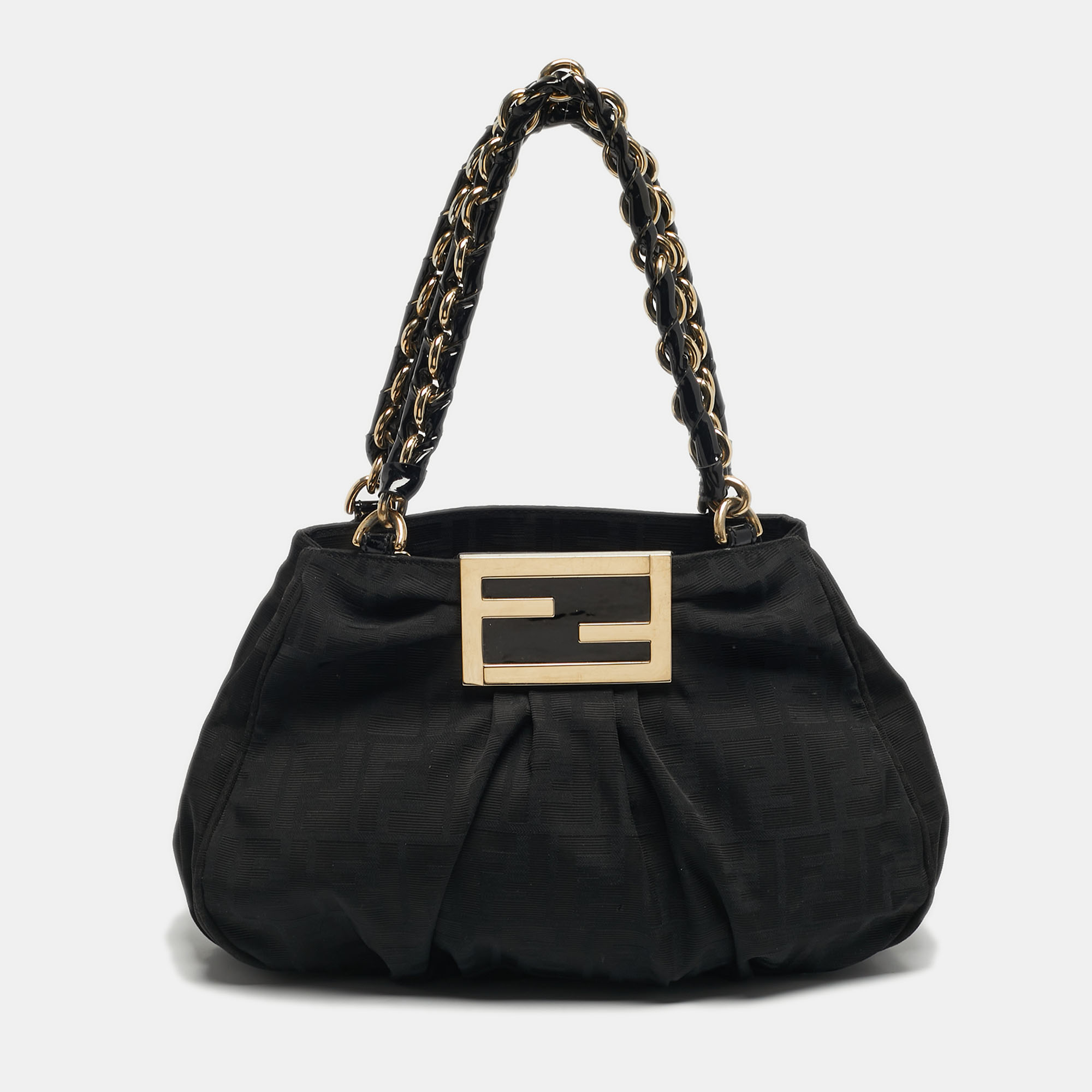 Pre-owned Fendi Mia Small Black Zucca Canvas And Patent Leather Tote