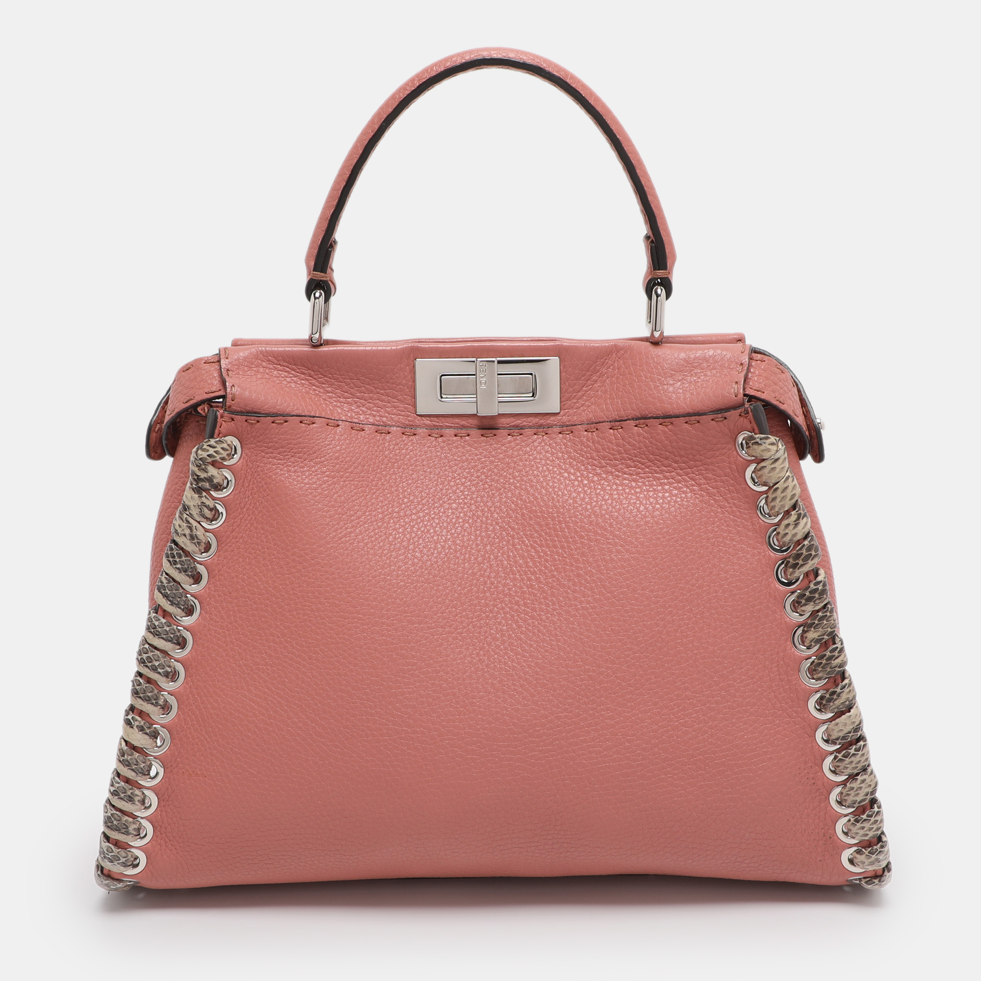 

Fendi Whipstitch Peekaboo Regular Old Rose Leather Top Handle Bag, Pink