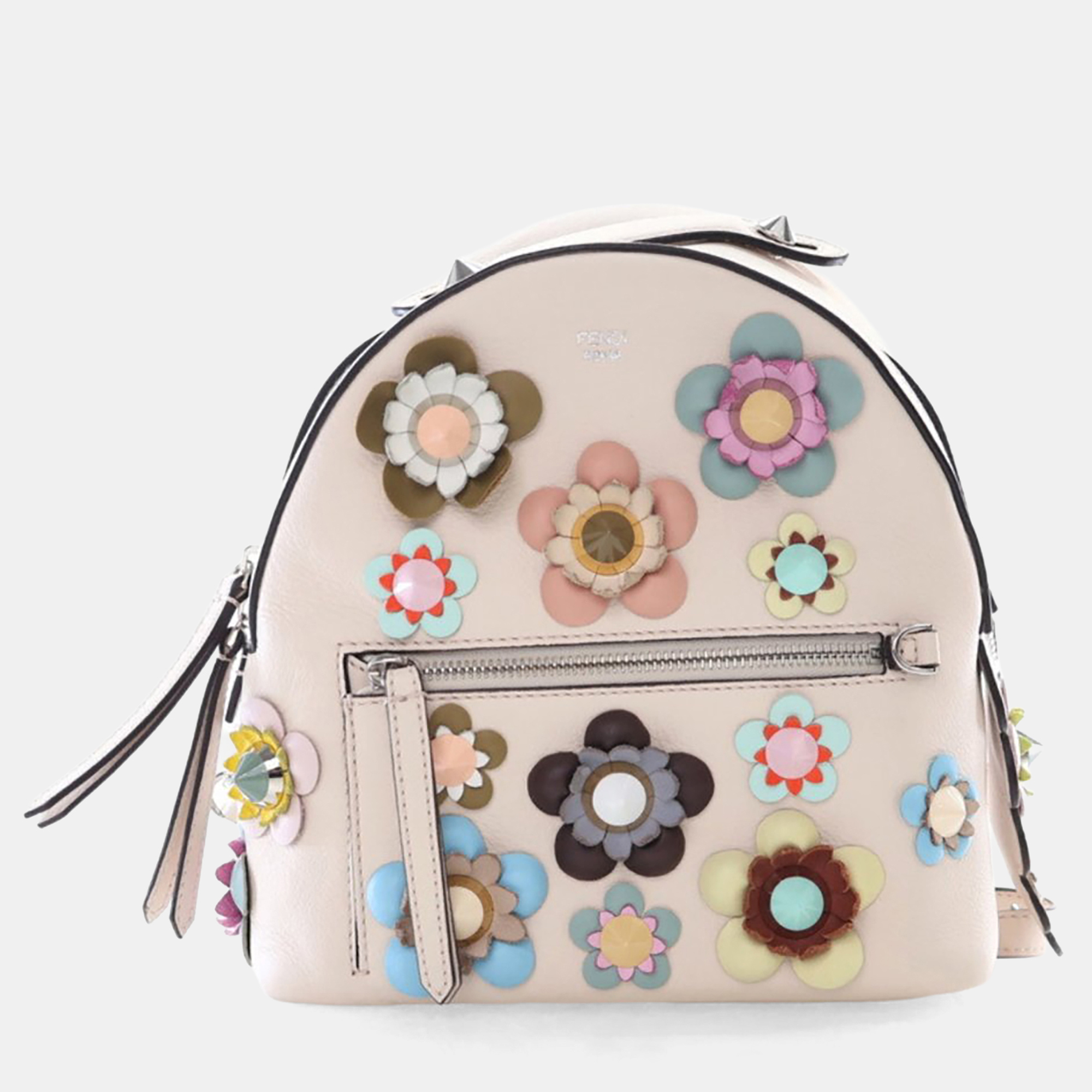 Pre-owned Fendi Leather Flowerland Backpack In White