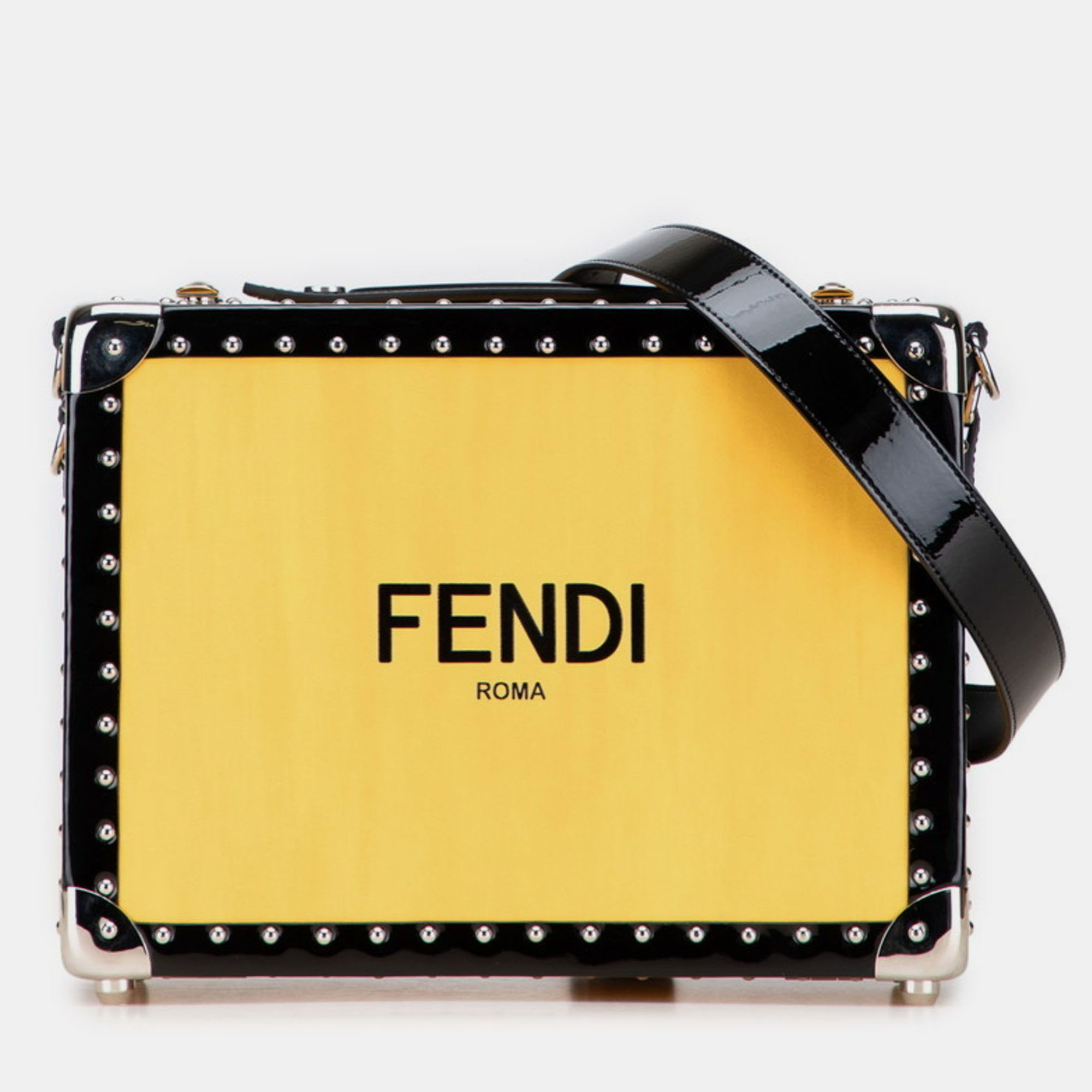 Click to view more detailed imagery on our partner's website Pre-owned Fendi Logo Trunk Case Shoulder Bag Yellow Black Leather Enamel