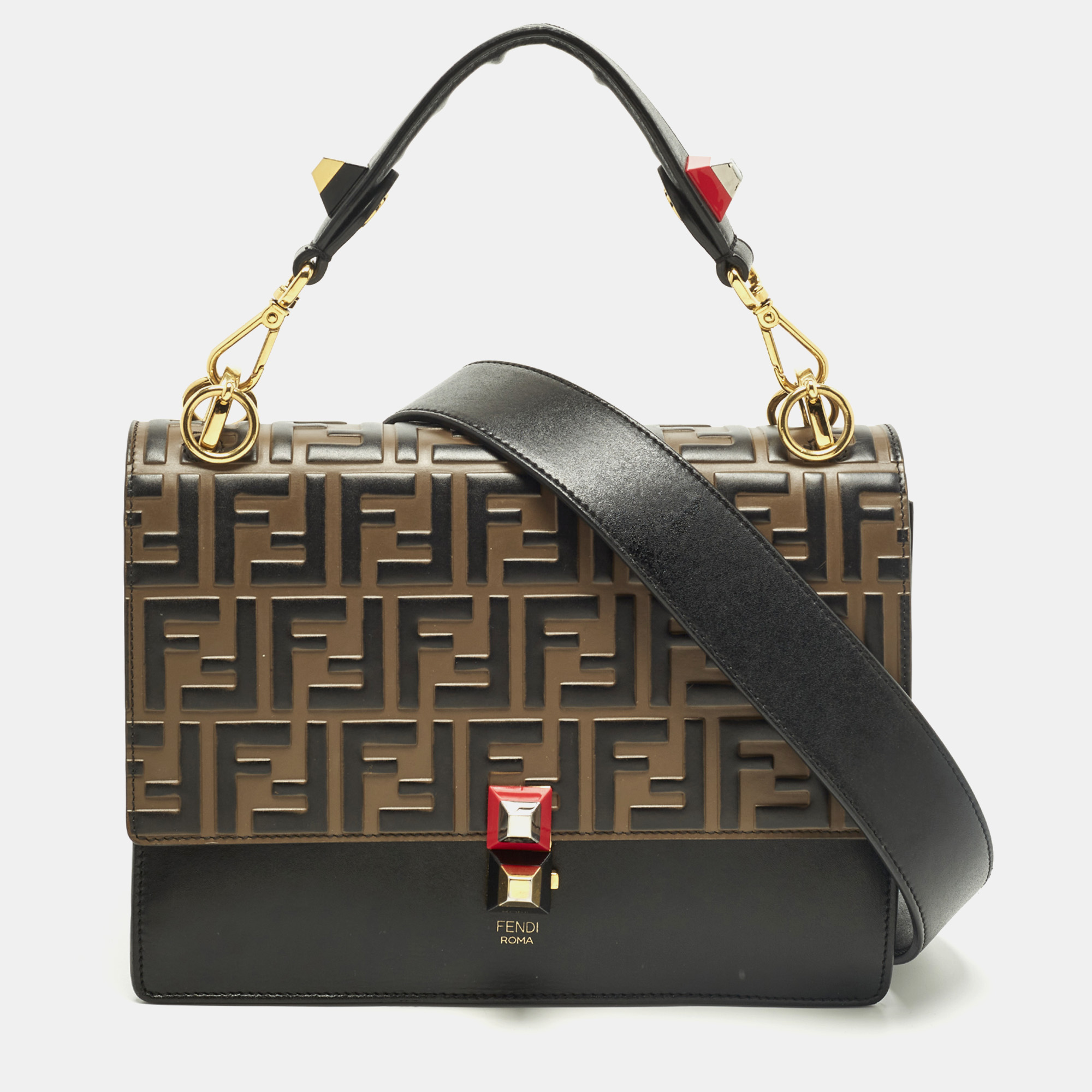 Click to view more detailed imagery on our partner's website Pre-owned Fendi Kan I Medium Black/brown Ff Leather Top Handle Bag