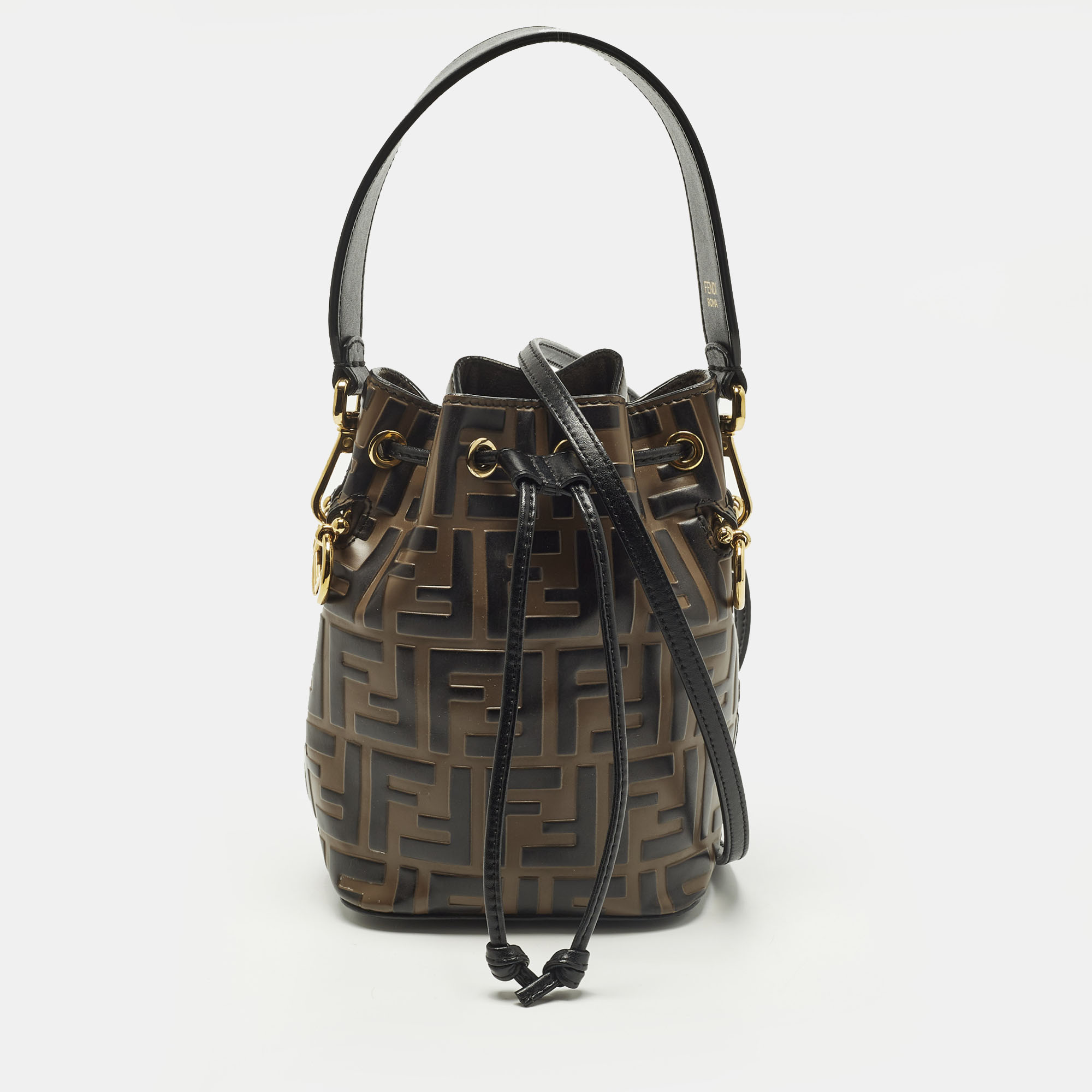 Click to view more detailed imagery on our partner's website Pre-owned Fendi Mon Tresor Mini Brown/black Zucca Leather Bucket Bag