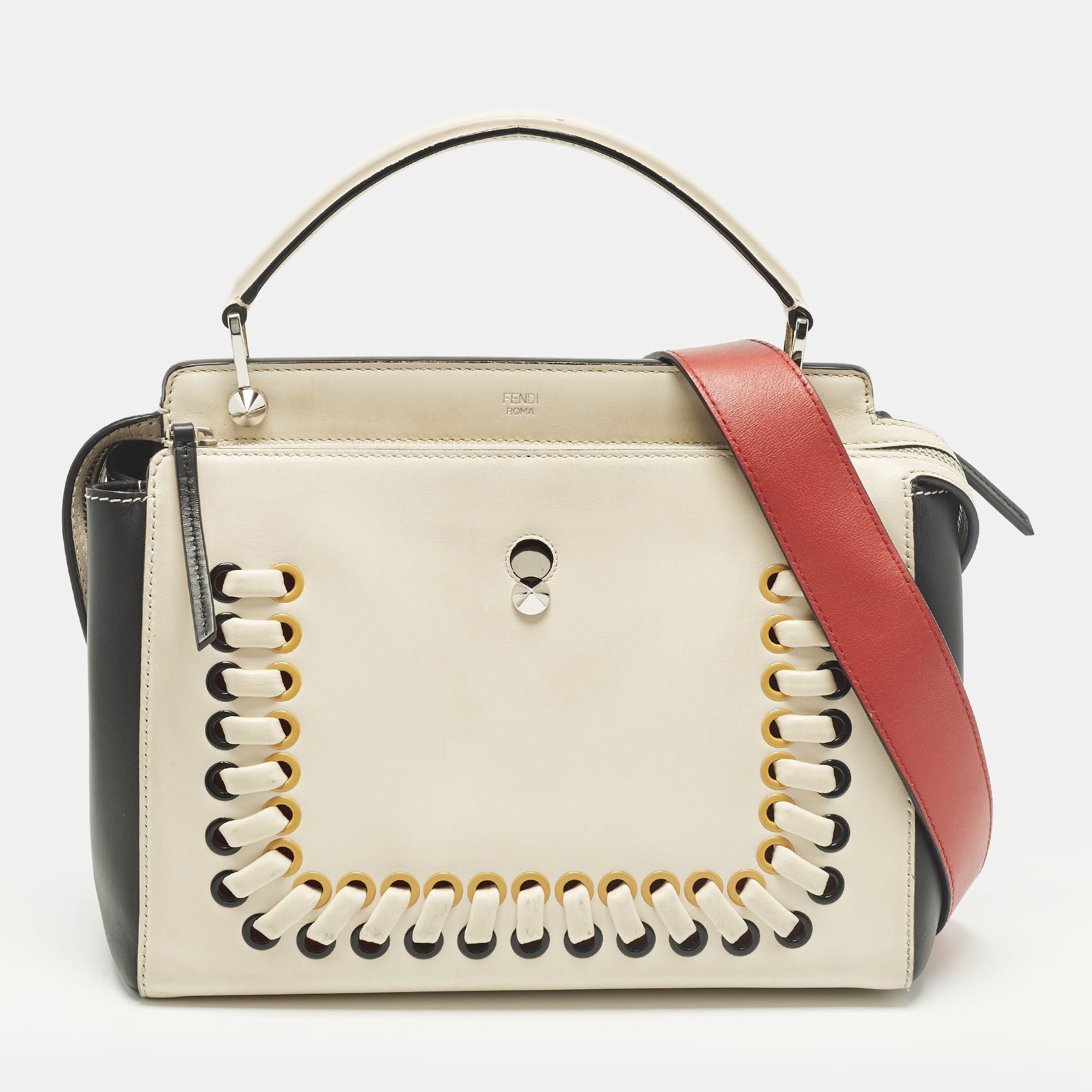 Click to view more detailed imagery on our partner's website Pre-owned Fendi Dotcom Whipstitched Large Off White/black Leather Top Handle Bag
