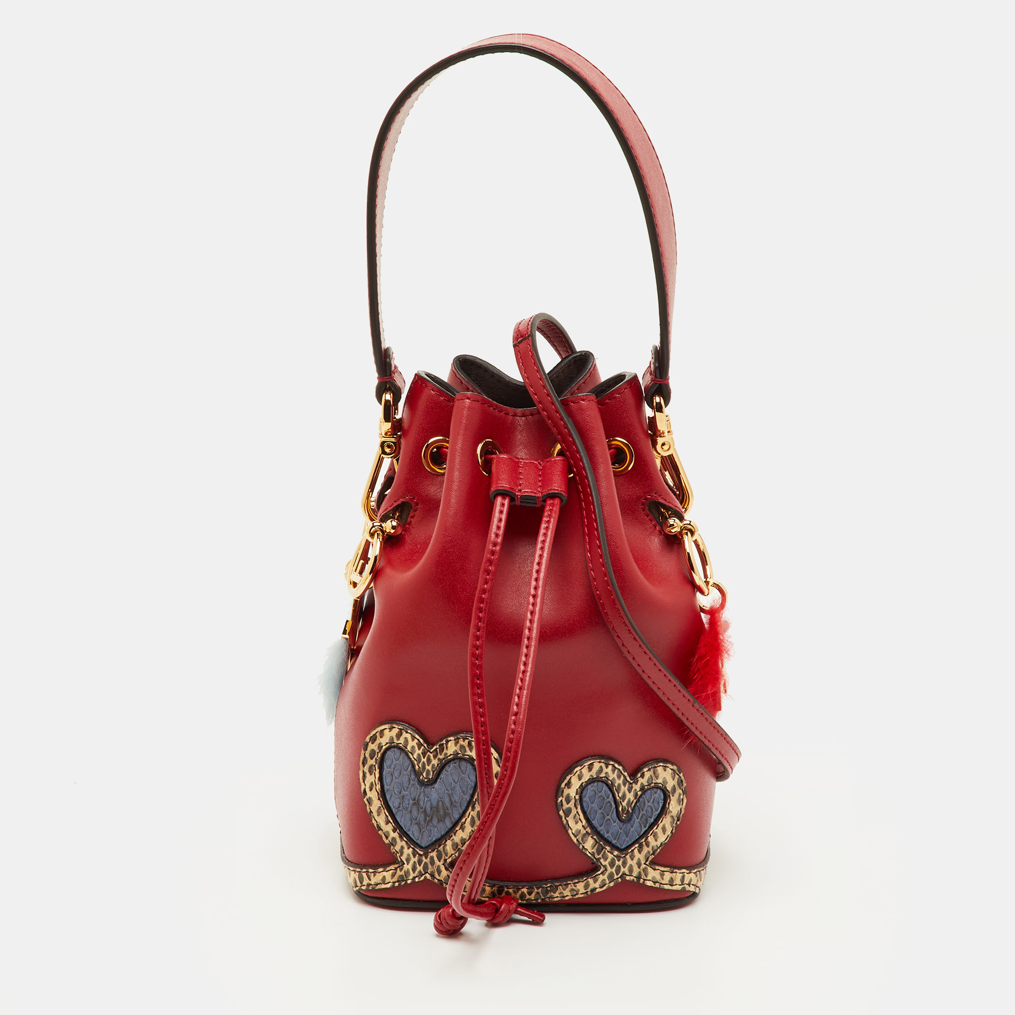 Pre-owned Fendi Mon Tresor Red Elaphe Leather And Leather Bucket Bag W/charms