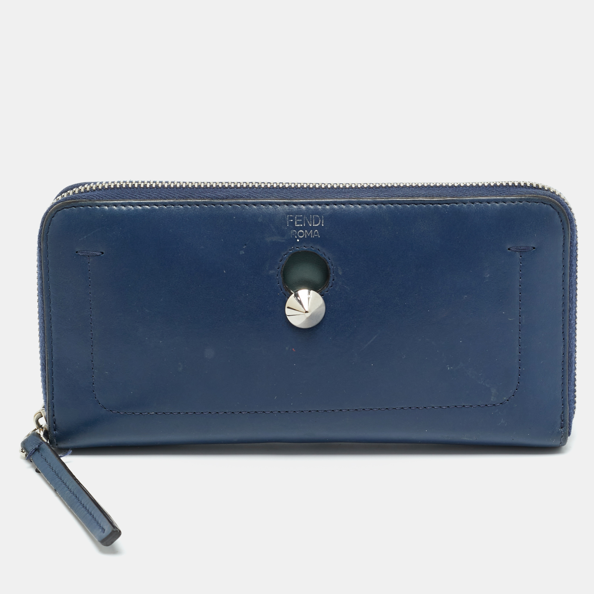 Pre-owned Fendi Dotcom Navy Blue Leather Zip Continental Wallet