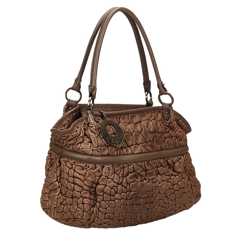 

Fendi Brown Puckered Bubble Leather Large Chef Bag