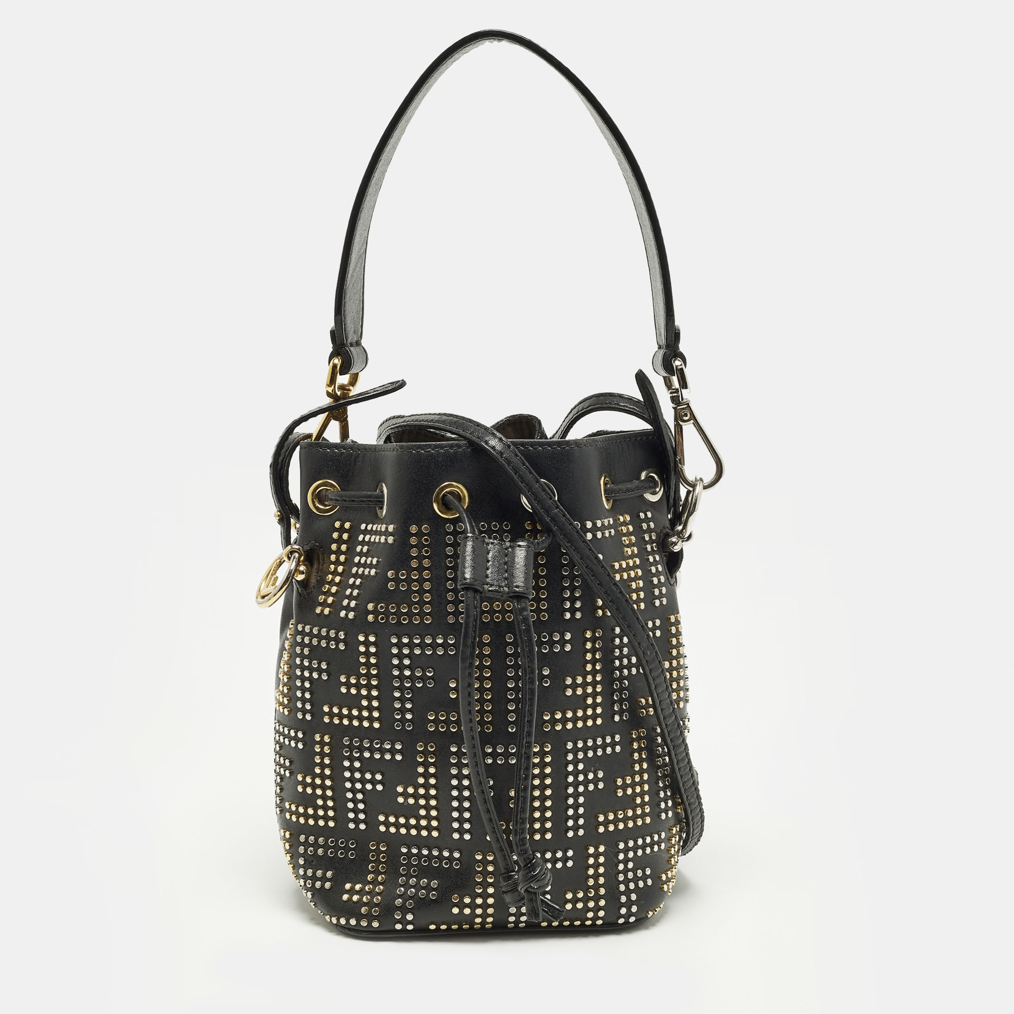 

Fendi FF Studded Mon Tresor Mini Black Leather Bucket Bag