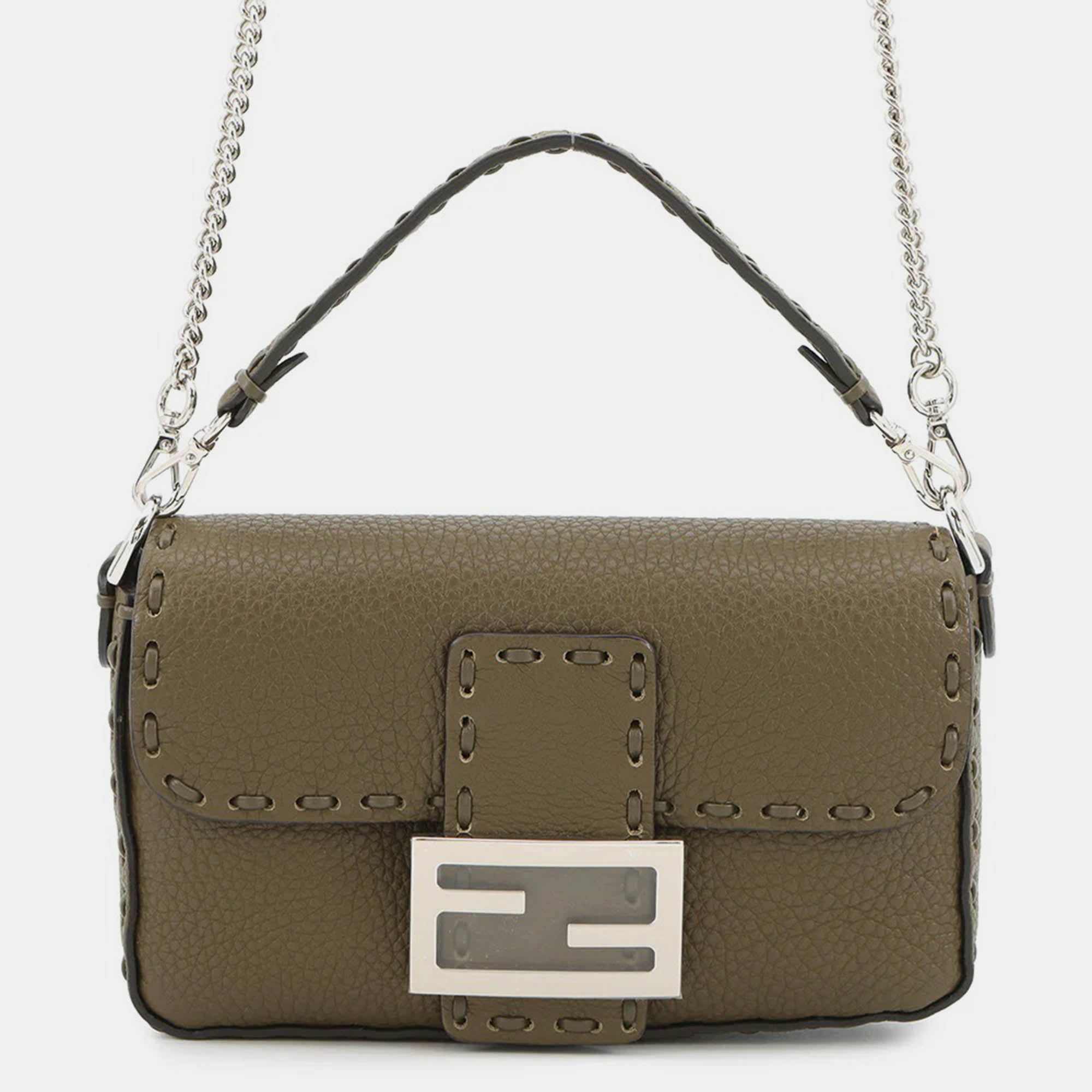 

Fendi Baguette Selleria 2-Way Chain Shoulder Bag Khaki Leather Size Mini, Green