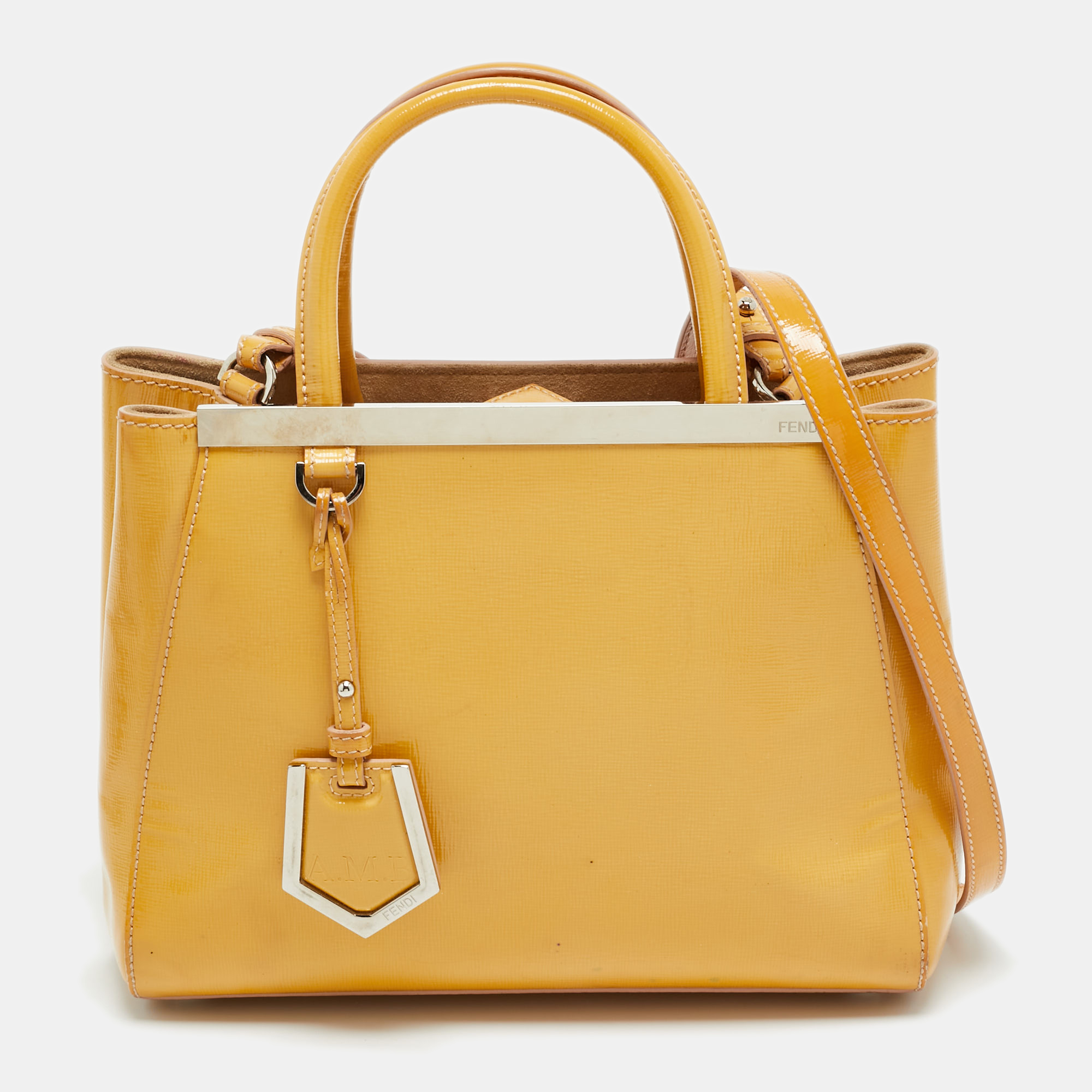 Pre-owned Fendi 2jours Small Mustard Patent Leather Tote In Yellow