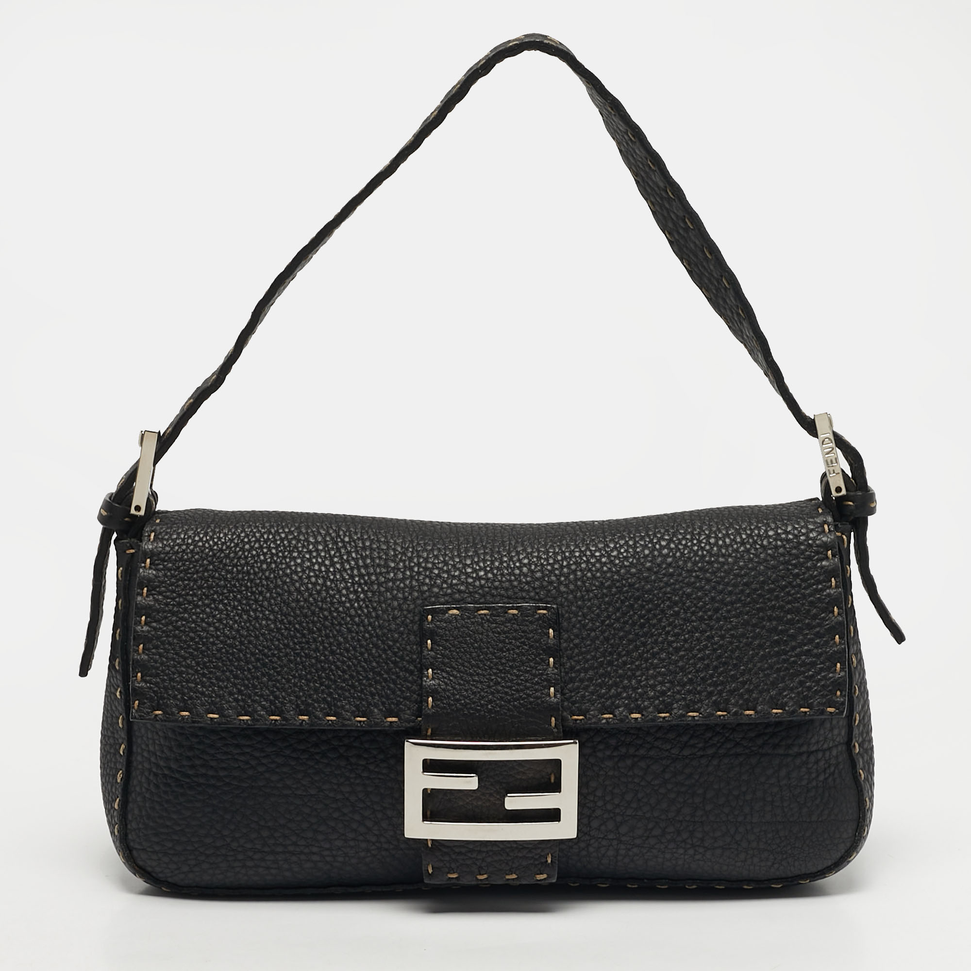 Pre-owned Fendi Baguette Black Selleria Leather Flap Bag