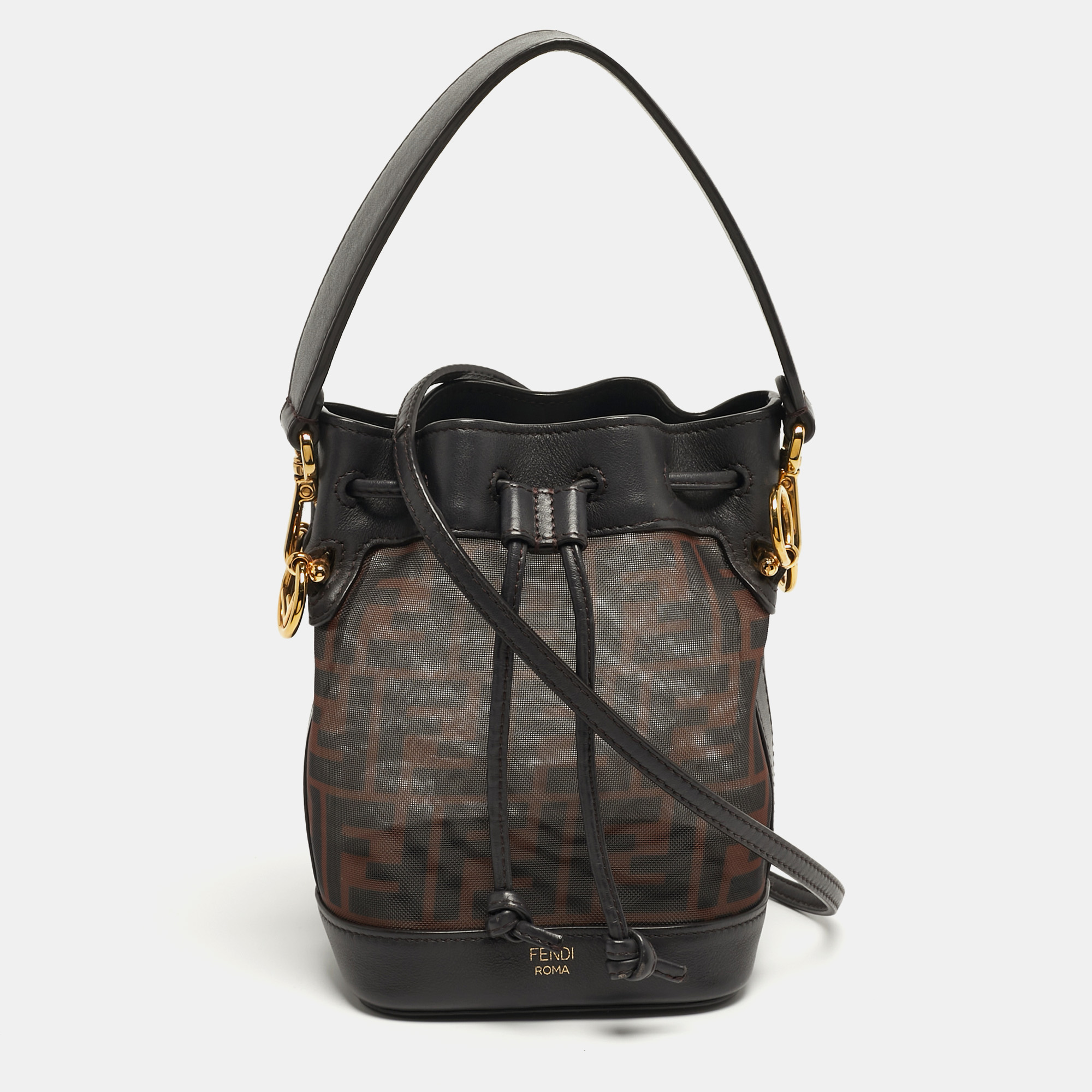 

Fendi Mon Tresor Mini Dark Brown FF Mesh Nylon and Leather Bucket Bag