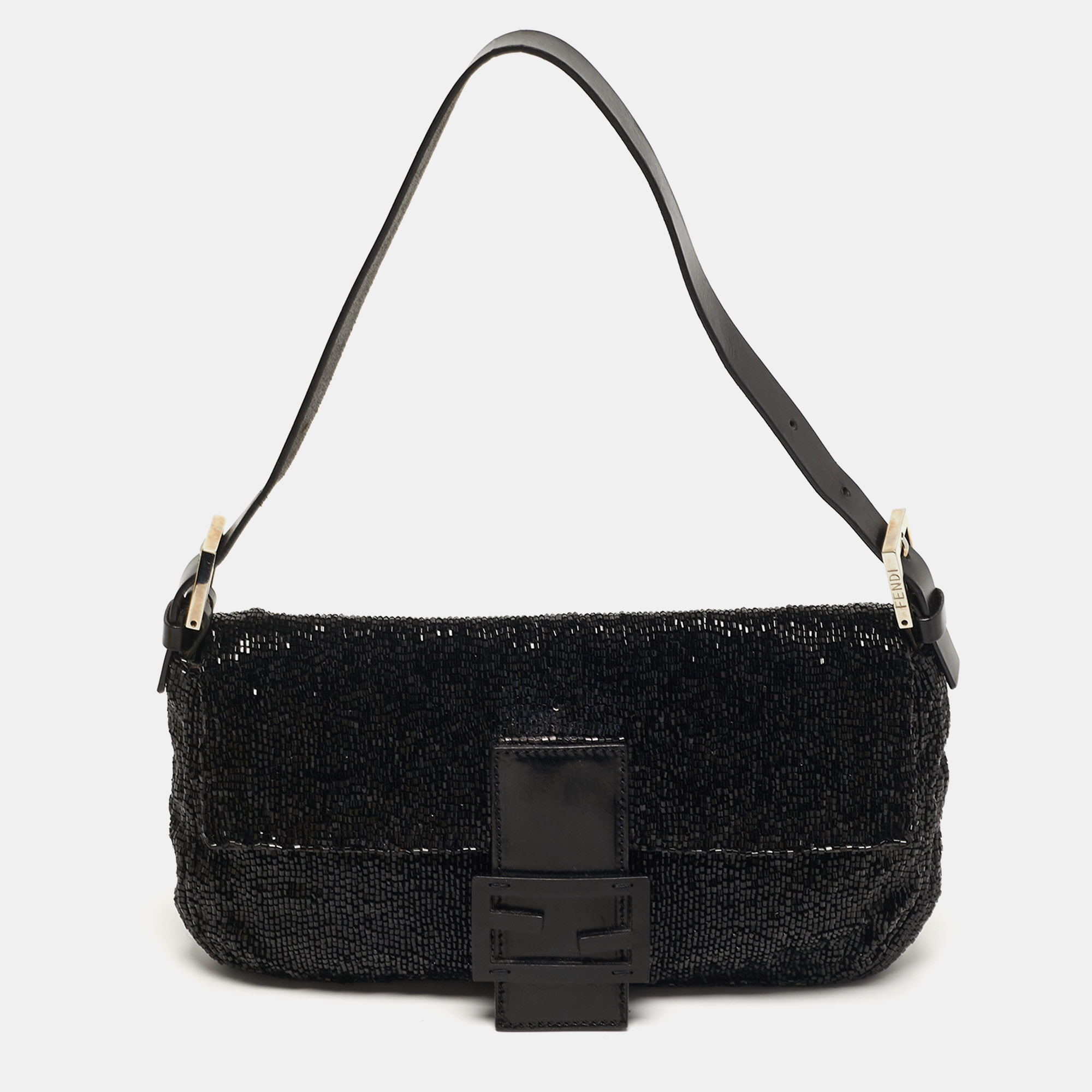 

Fendi Baguette Black Beaded and Leather Flap Bag