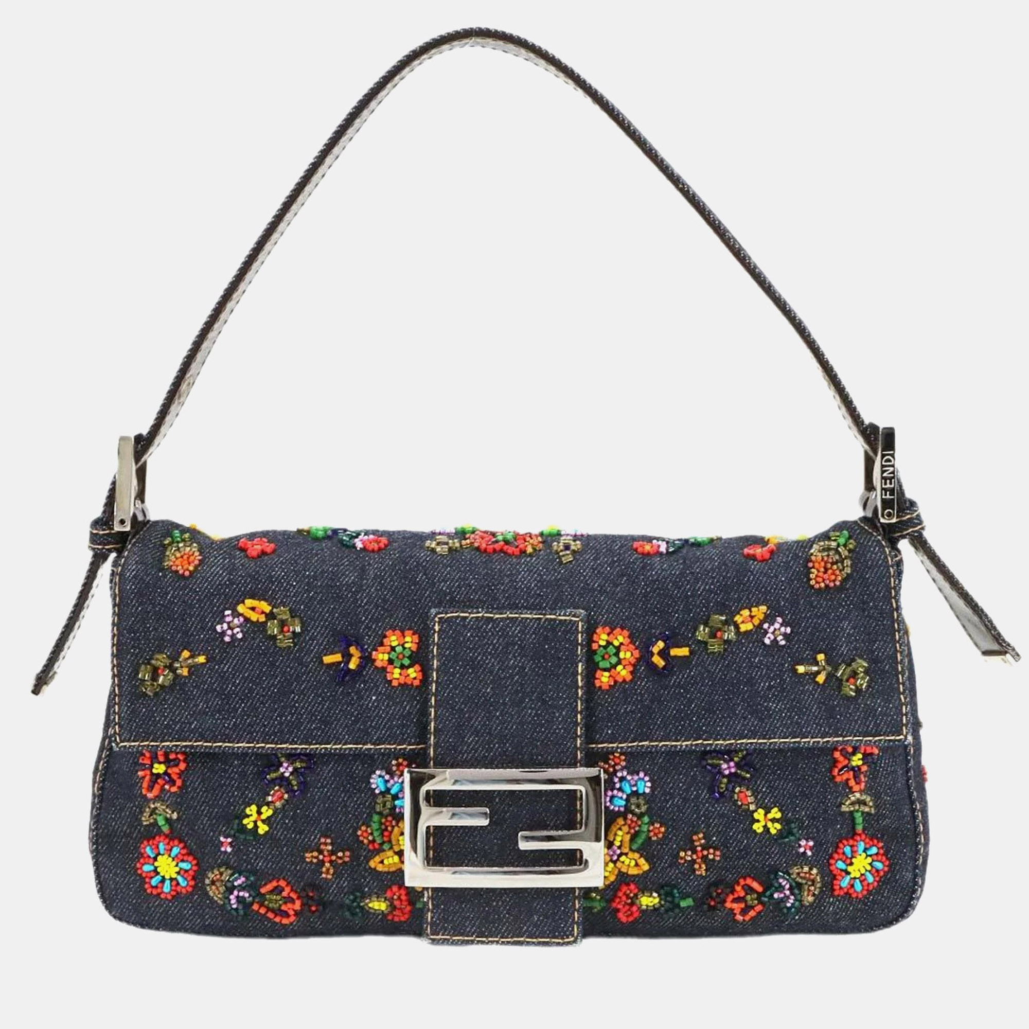 

Fendi Zucca Mamma Baguette Shoulder Bag In Navy And Multicolor Denim Beaded Embroidery Floral Pattern, Navy blue