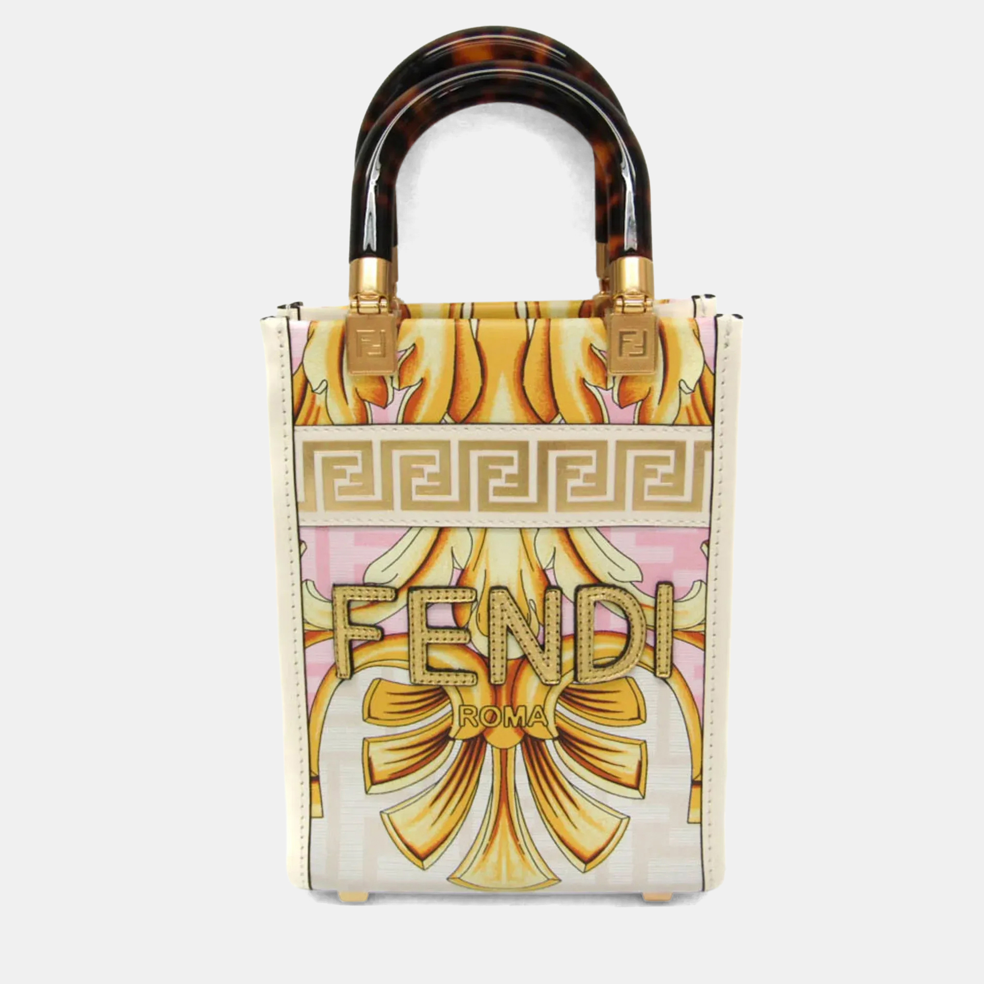 

Fendi Fendace Mini Sunshine Shopper Leather Coated Canvas Handbag Gold Pink White, Multicolor
