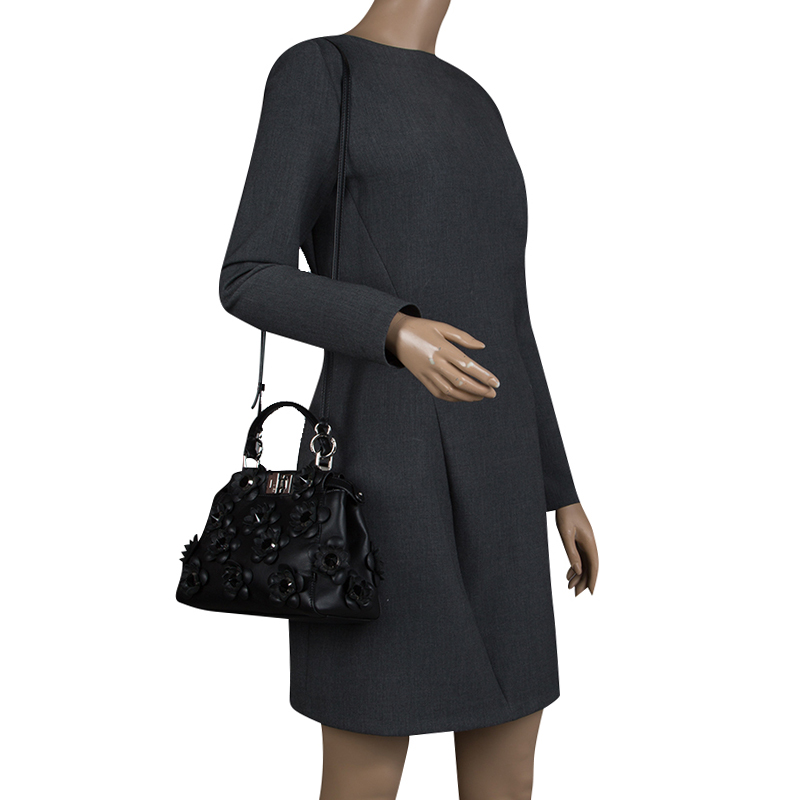 

Fendi Black Leather Mini Peekaboo Allover Flowers Black Edition Top Handle Bag