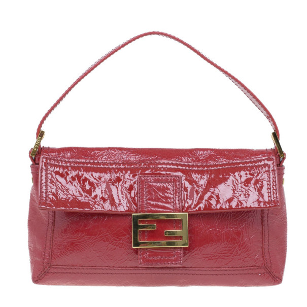 Pre Owned Fendi Red Patent Leather Logo Envelope Clutch