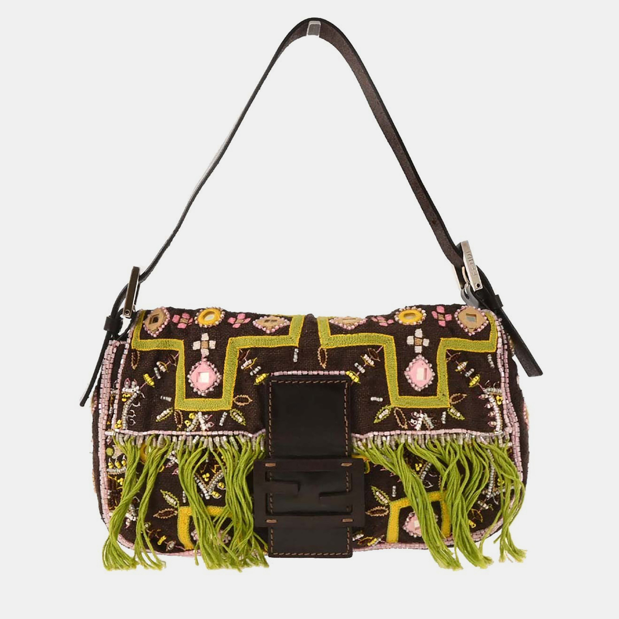 

Fendi Brown Cotton Beaded Embroidered Baguette Handbag