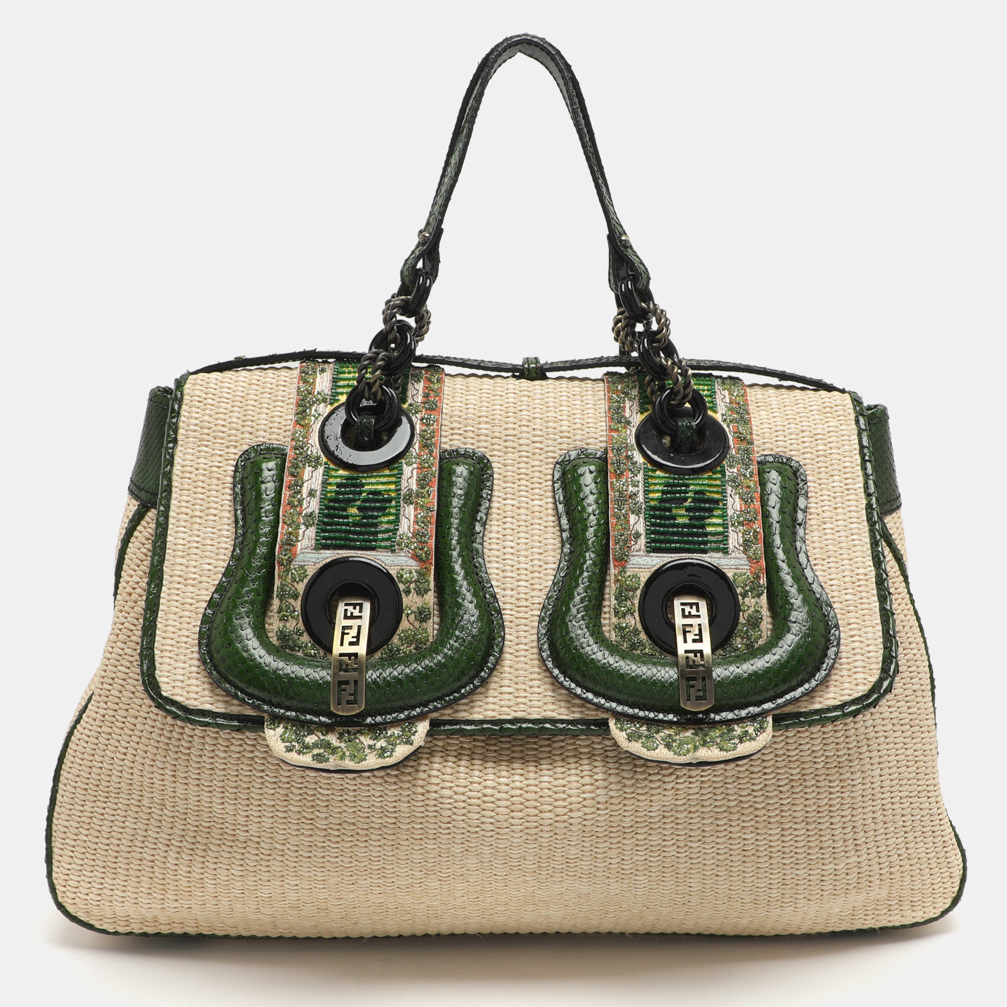 

Fendi B Buckle  Beige Raffia and Python Top Handle Bag