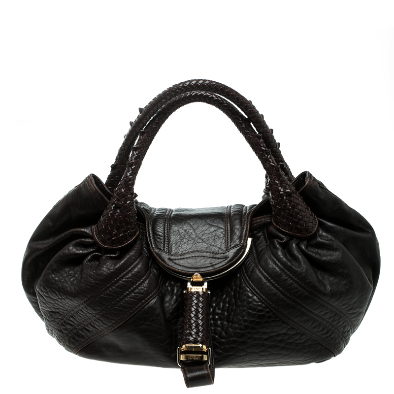 Pre Owned Fendi Dark Brown Pebbled Leather Spy Bag