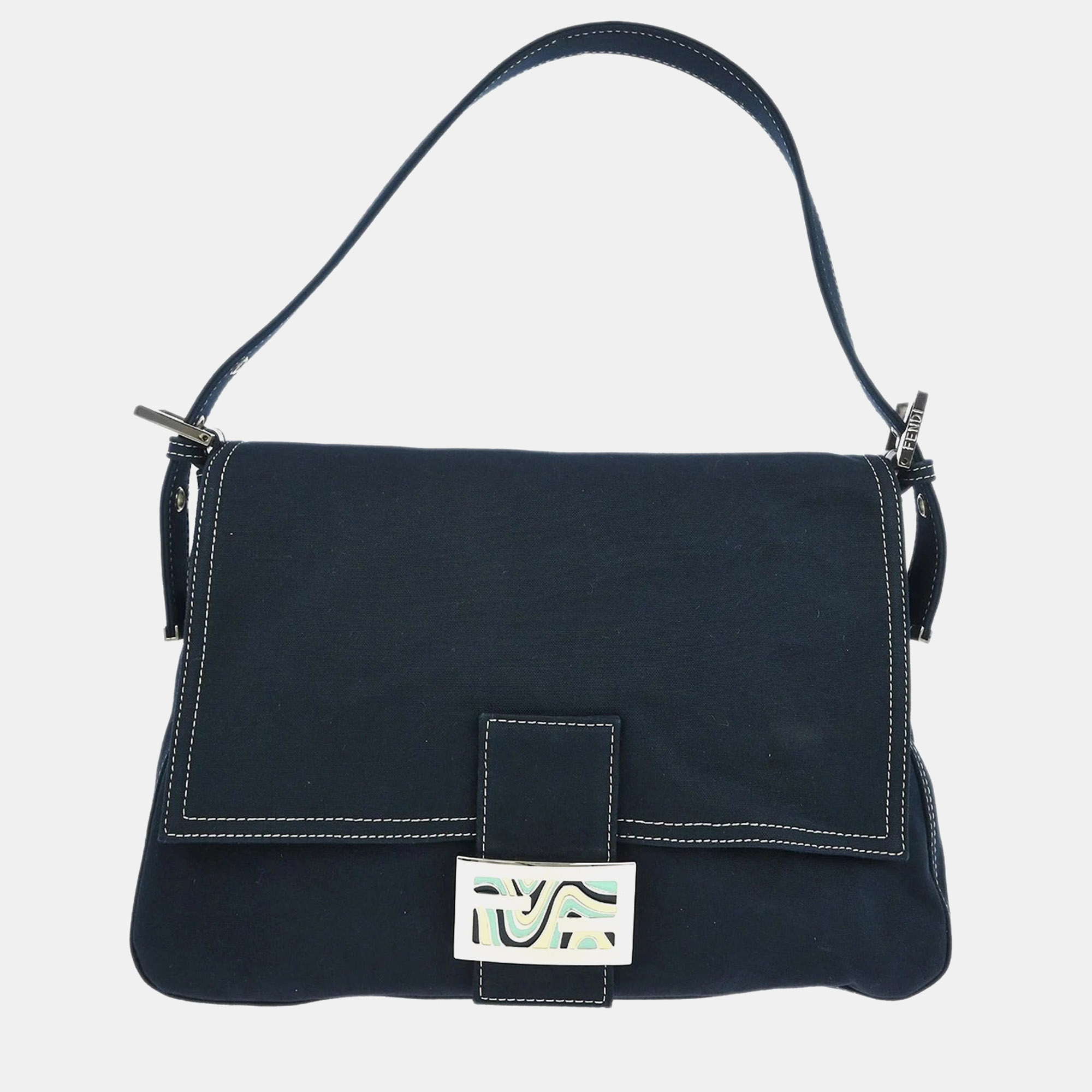 

Fendi Mamma Baguette Navy Canvas Shoulder Bag, Navy blue