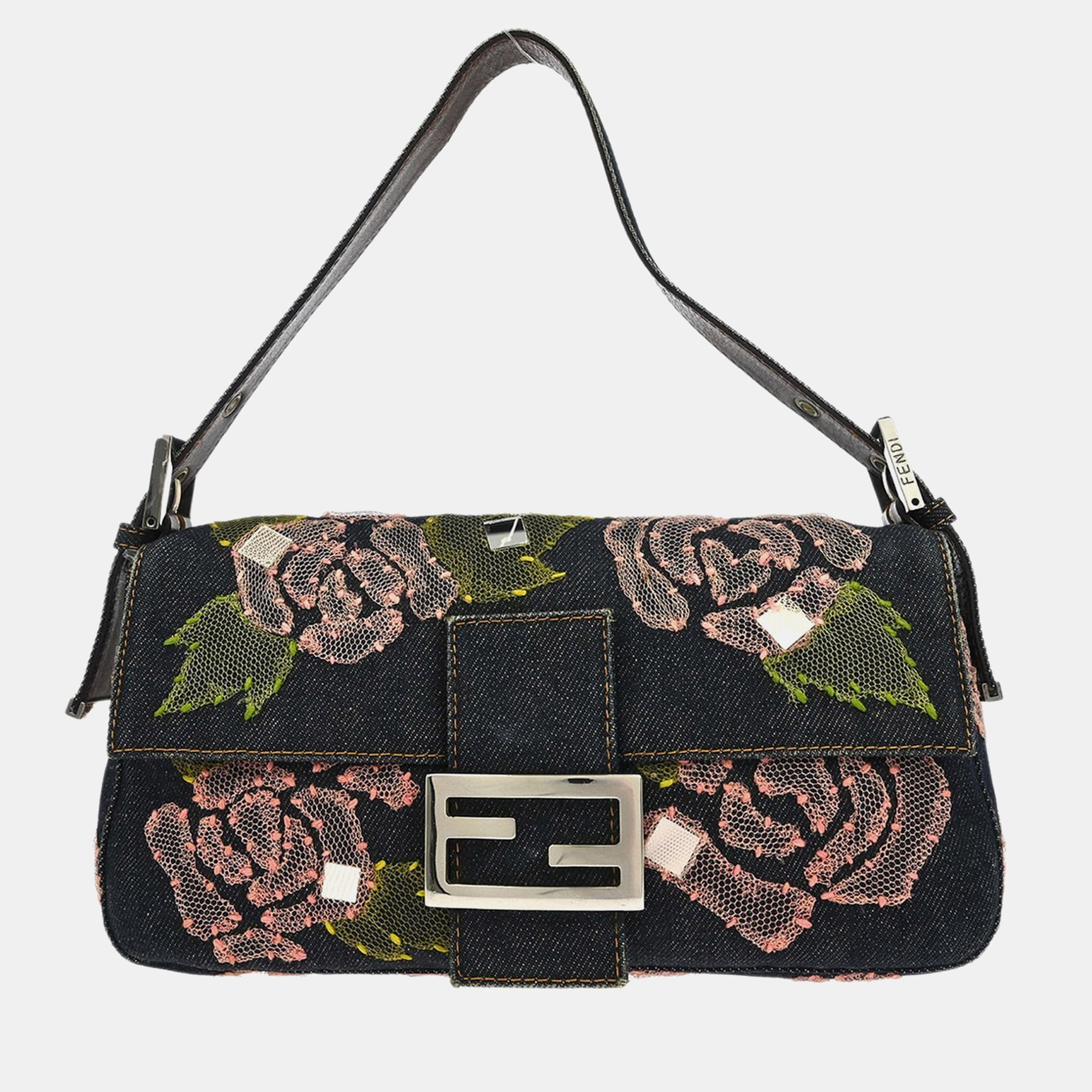 

Fendi Floral Baguette Navy Denim Shoulder Bag, Navy blue