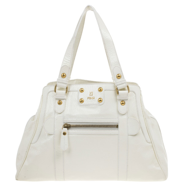 Pre Owned Fendi White Patent Leather Satchel